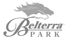 A black and white logo for beltera park with a horse head.