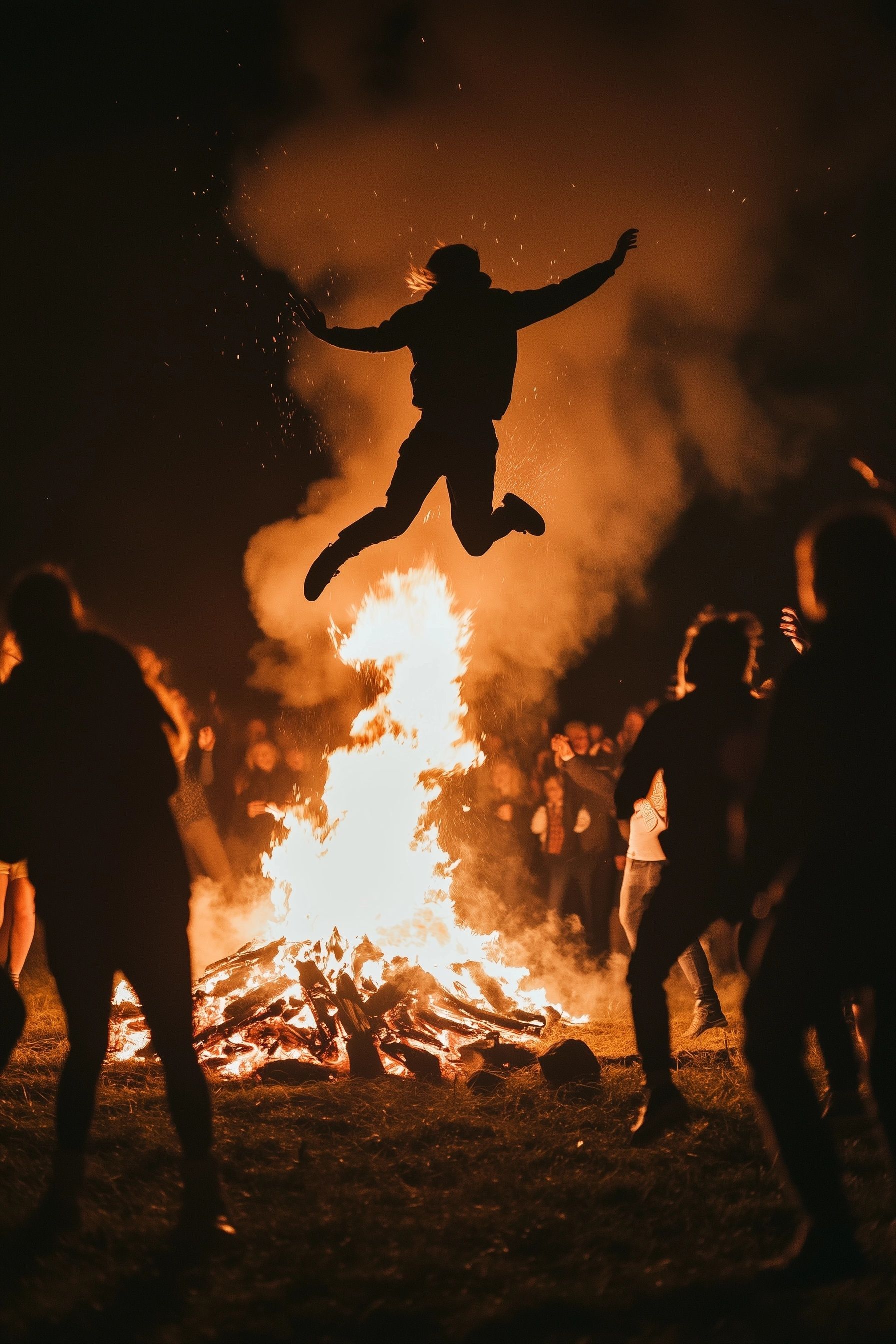 lively festival scene, people  joyfully jumping beside large bonfire, firelight casts long shadows, sense of community, legend feast of sao joao portugal