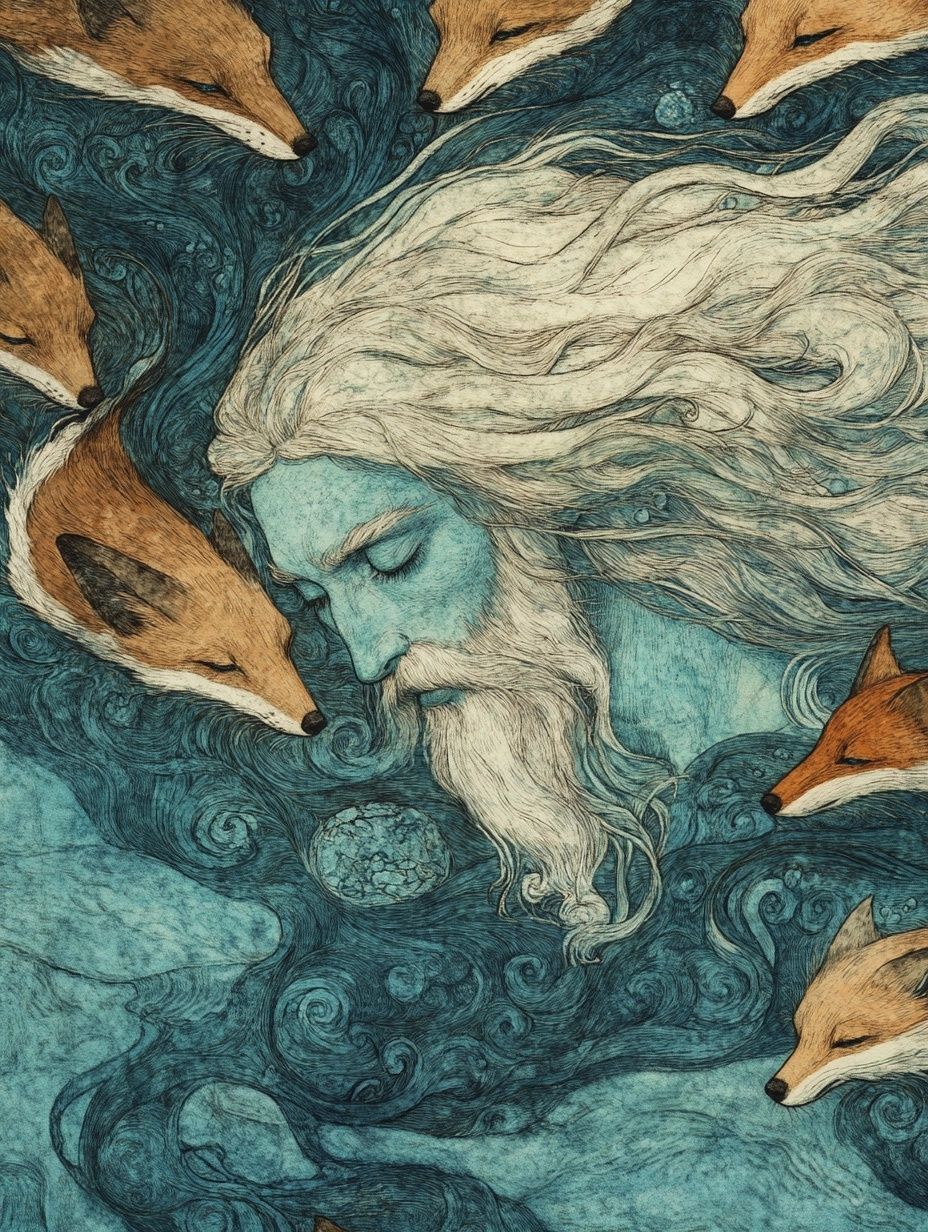 blue merman grey hair, red foxes, underwater, vintage illustration, arctic greenland legend