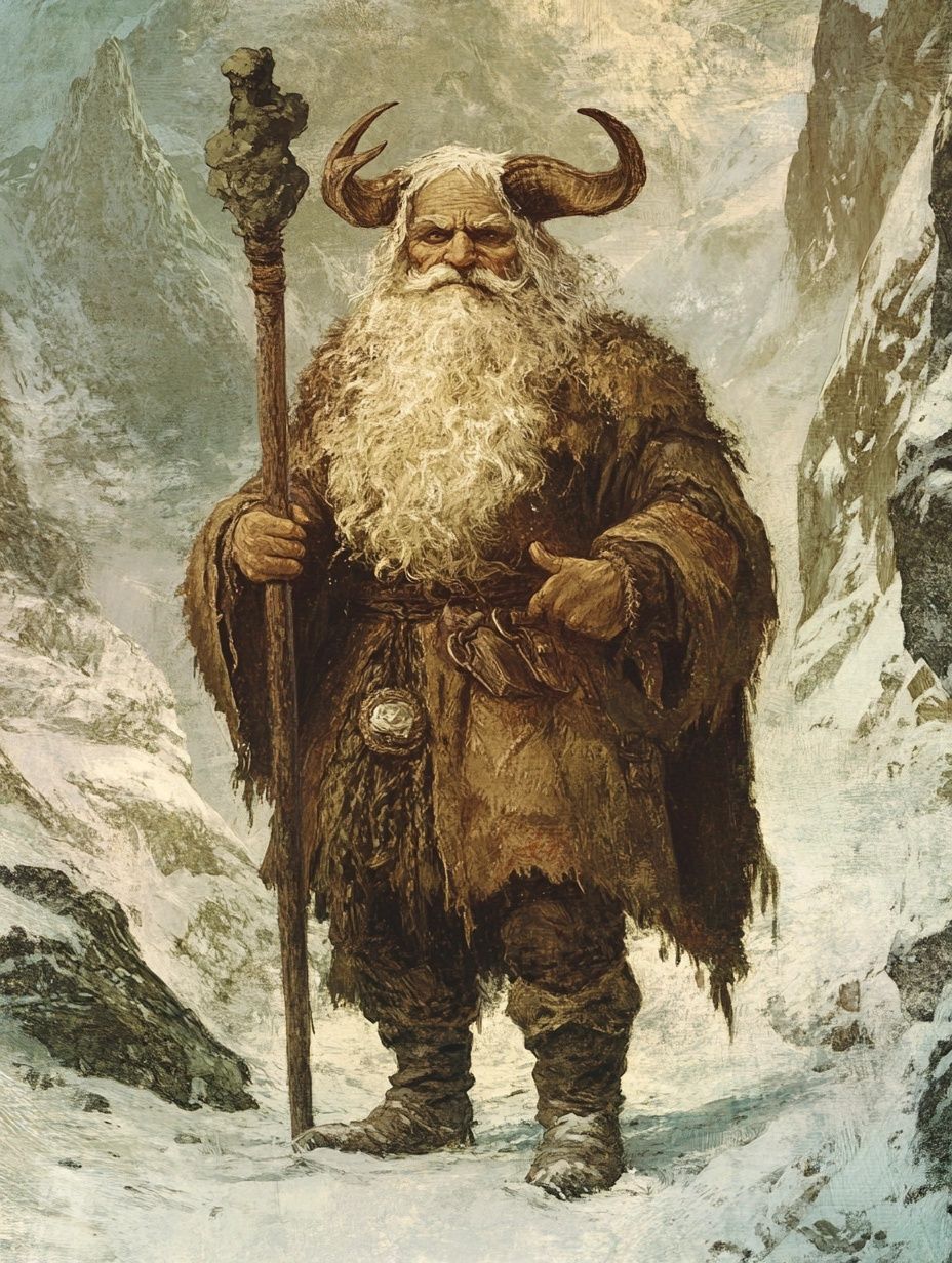 short man, big white beard, brown tattered clothing, holding staff, arctic landscape, greenland folklore dwarves