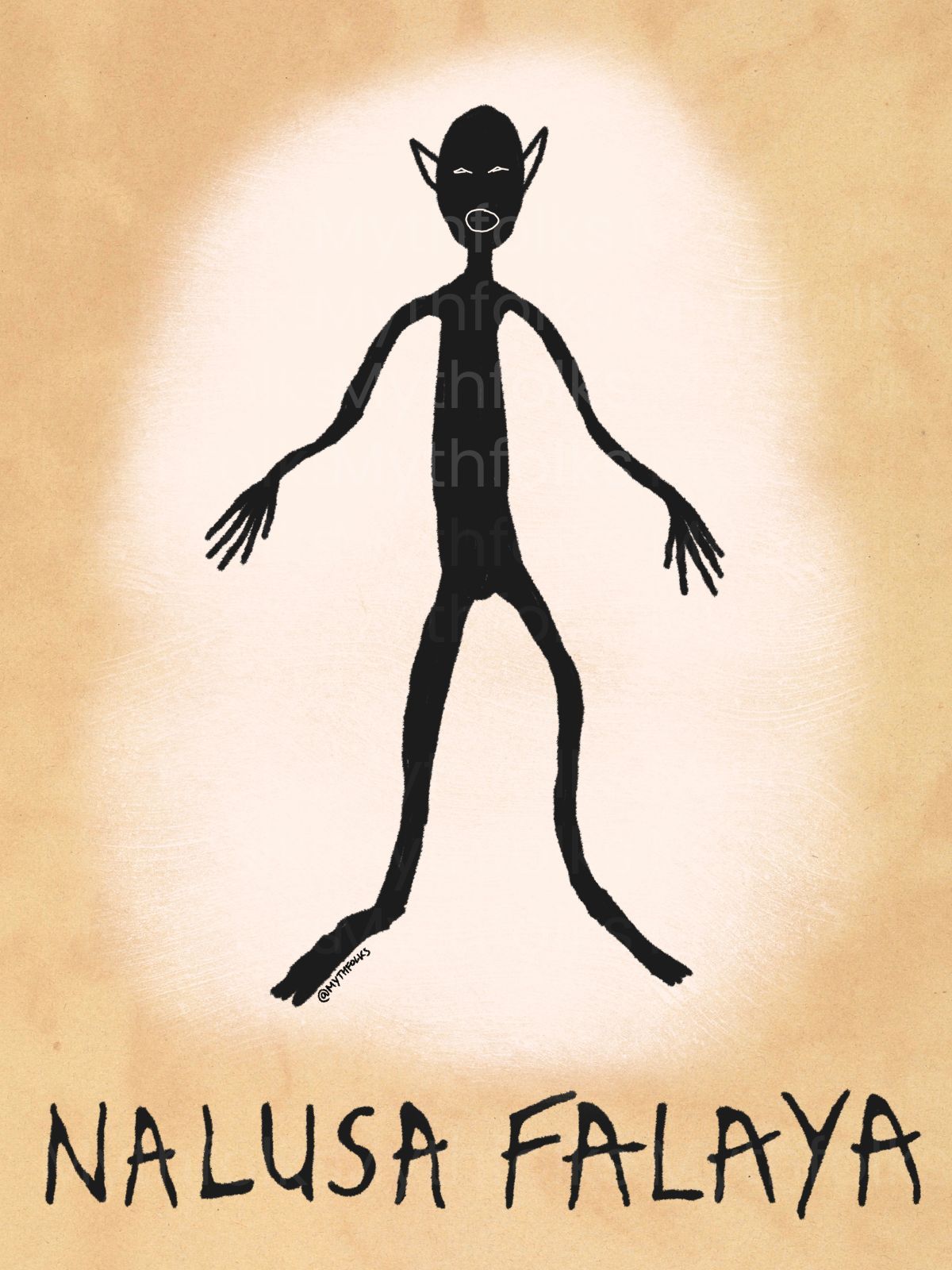 original artwork nalusa falaya drawing, black creature, mythfolks