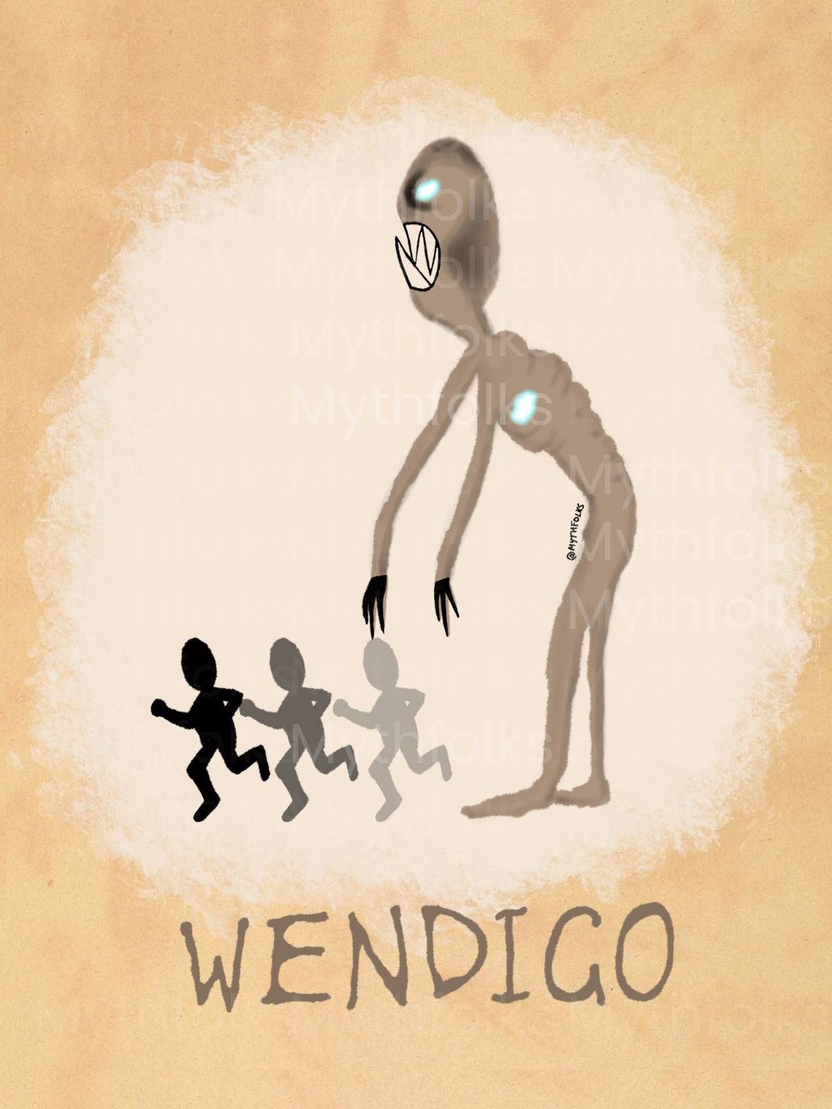 vintage original drawing wendigo cryptid, emacitated grey skeletal figure, blue glowing eyes,icy blue heart, stands over silhouettes of small humans running away, copyright Mythfolks