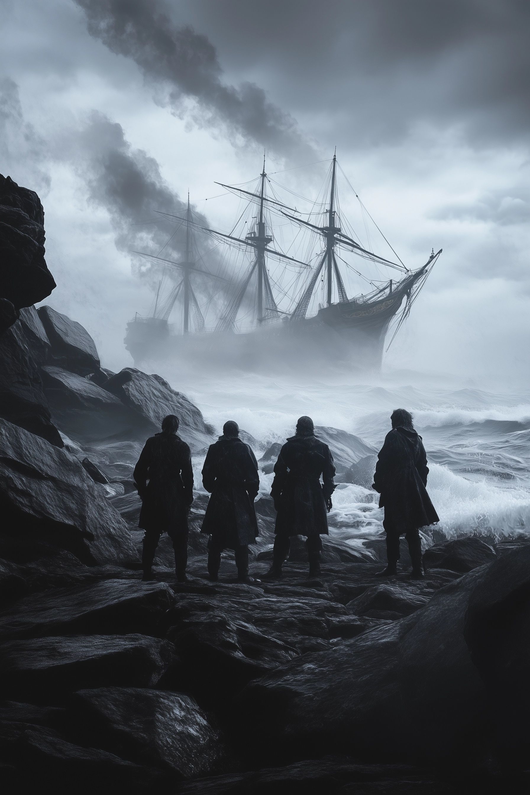group of fishermen standing on a rocky shore, staring out at the sea, the distant outline of a ghost ship looms in the background, shrouded in fog, legend phantom ship of sao joao portugal