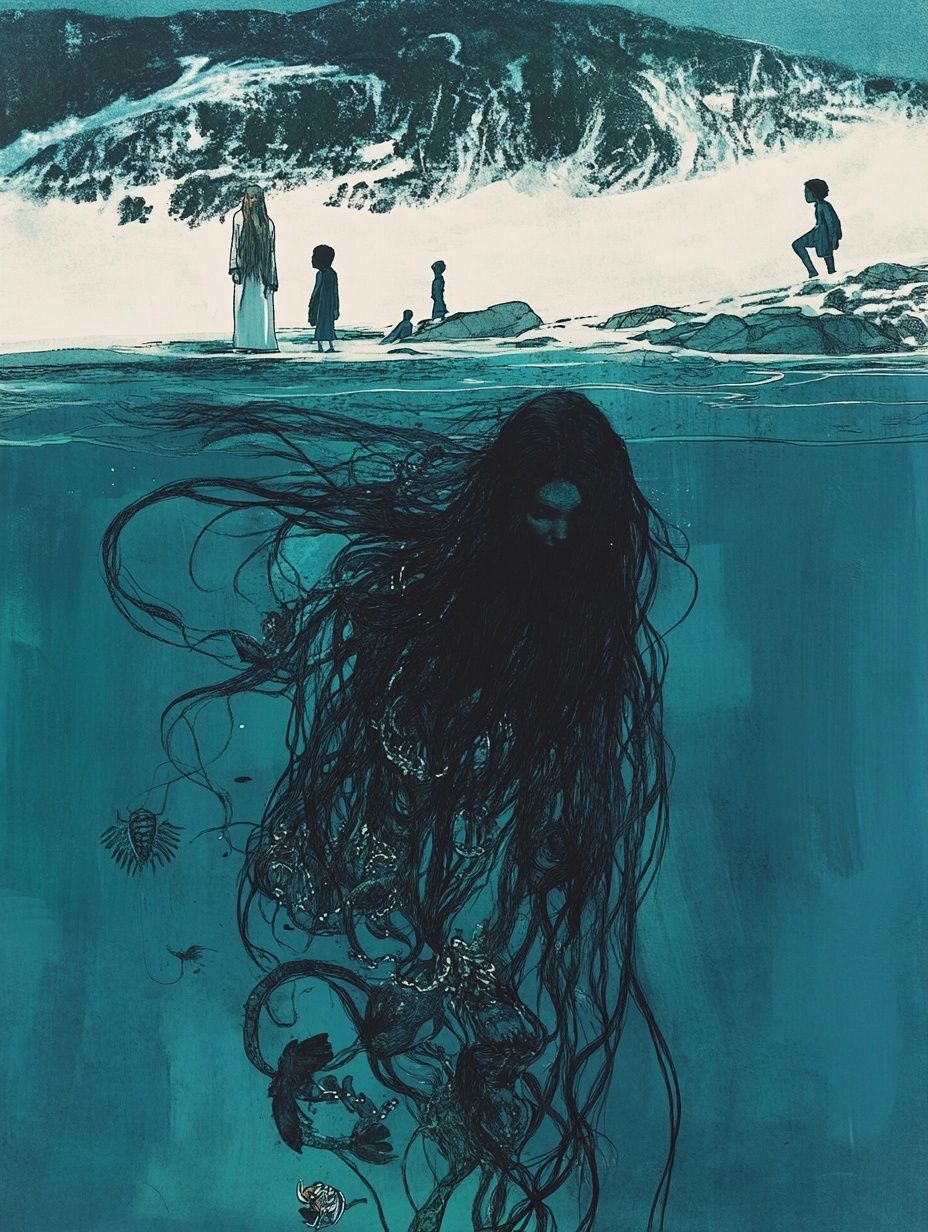 underwater woman, long black hair, blue water, sea goddess sassuma aarna greenland