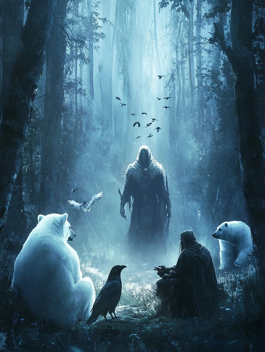 mythical man, surrounded by polar bears, ravens, forest setting, greenland shaman folklore