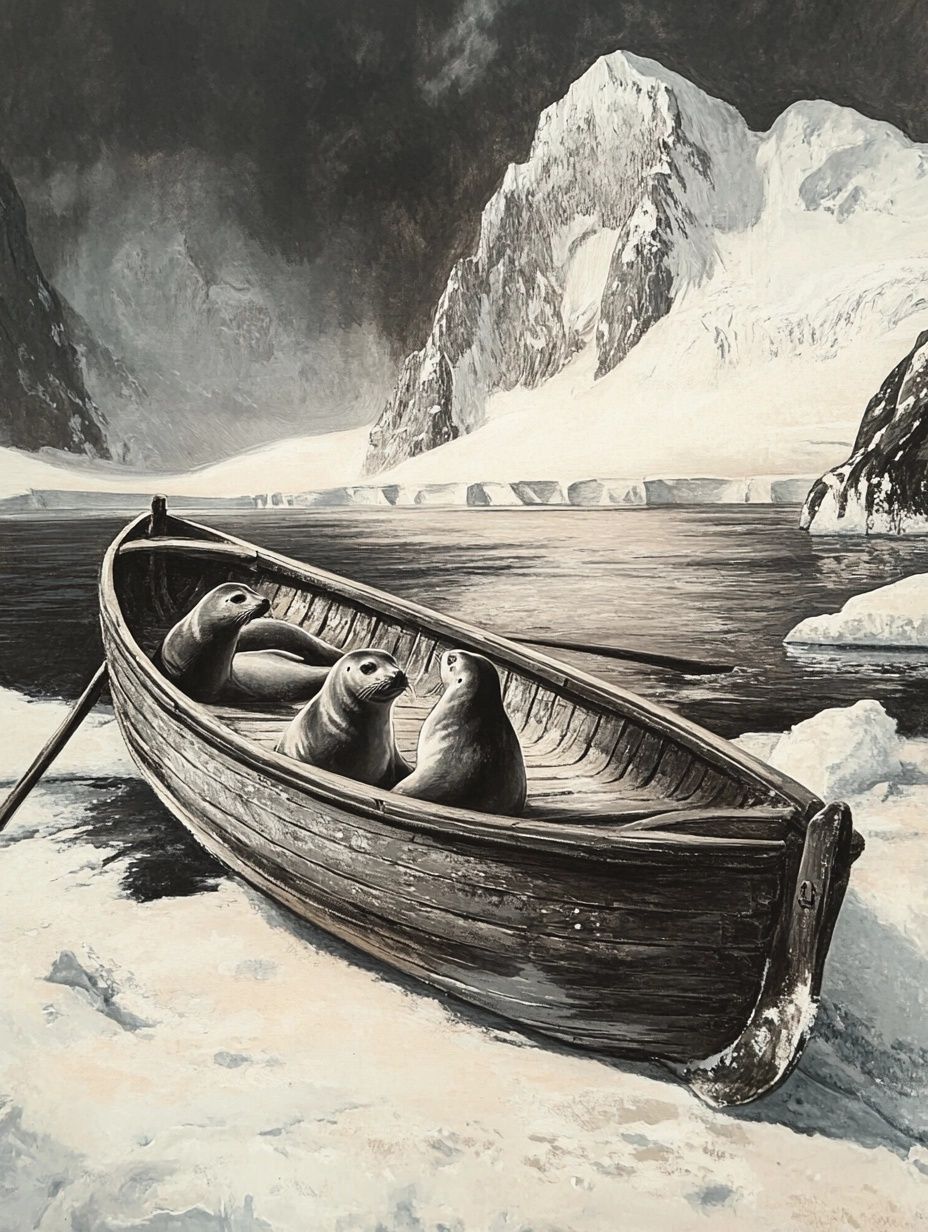 seals in rowing boat, arctic setting, black white illustration