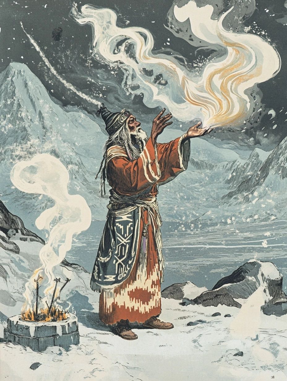 inuit shaman wearing red robes, summoning spirits in the sky