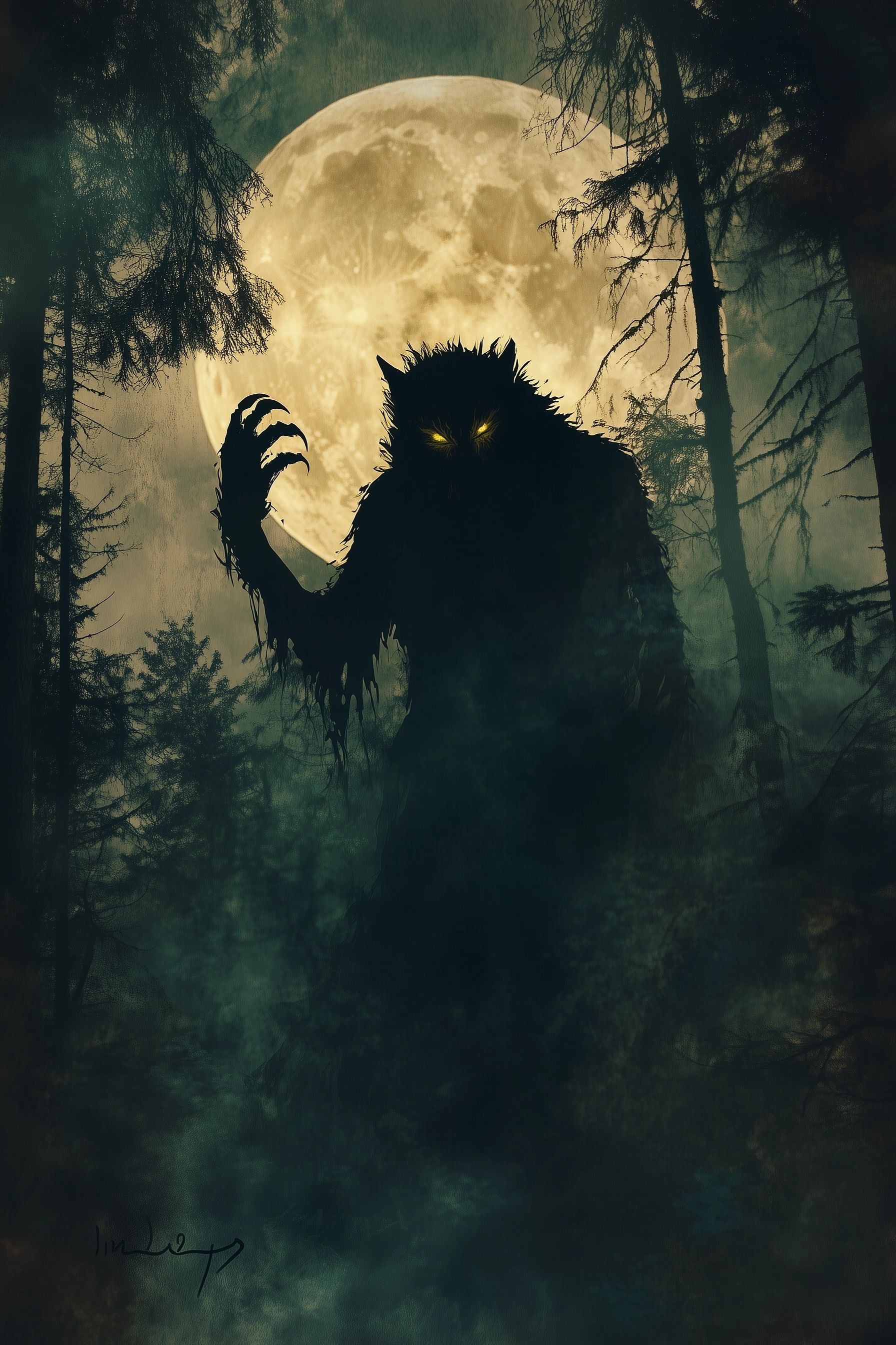 silhouette of werewolf, under light of a full moon, glowing eyes, elongated claws, surrounded by dense forest, legend werewolf of tras-os-montes portugal