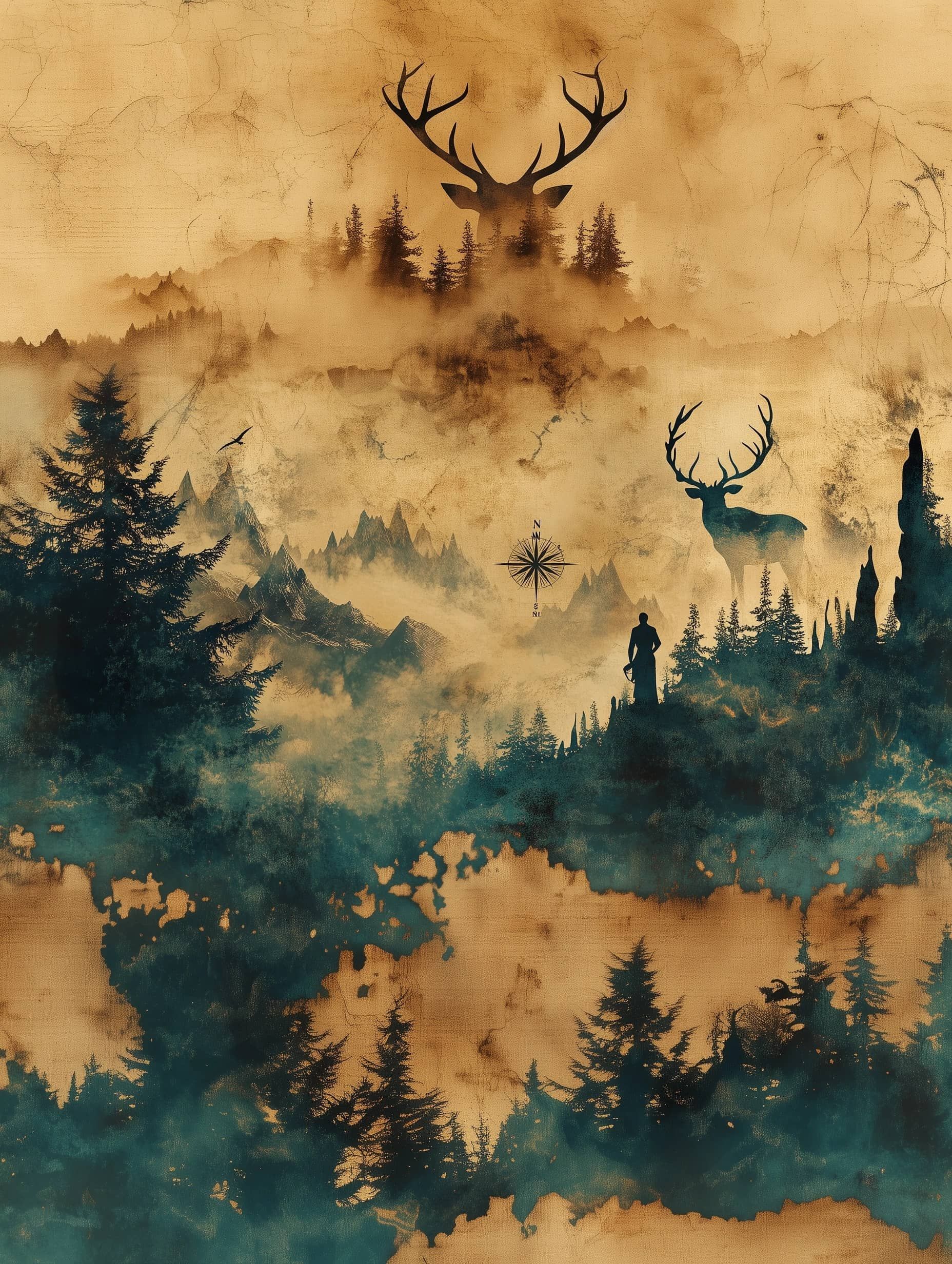 vintage aesthetic, animal, mountain, tree silhouettes, antlers, faded green and beige paper