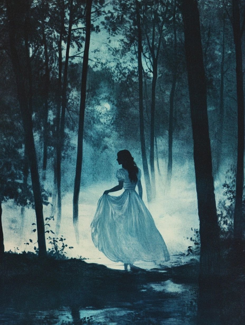 ghostly woman in pale dress in misty woods