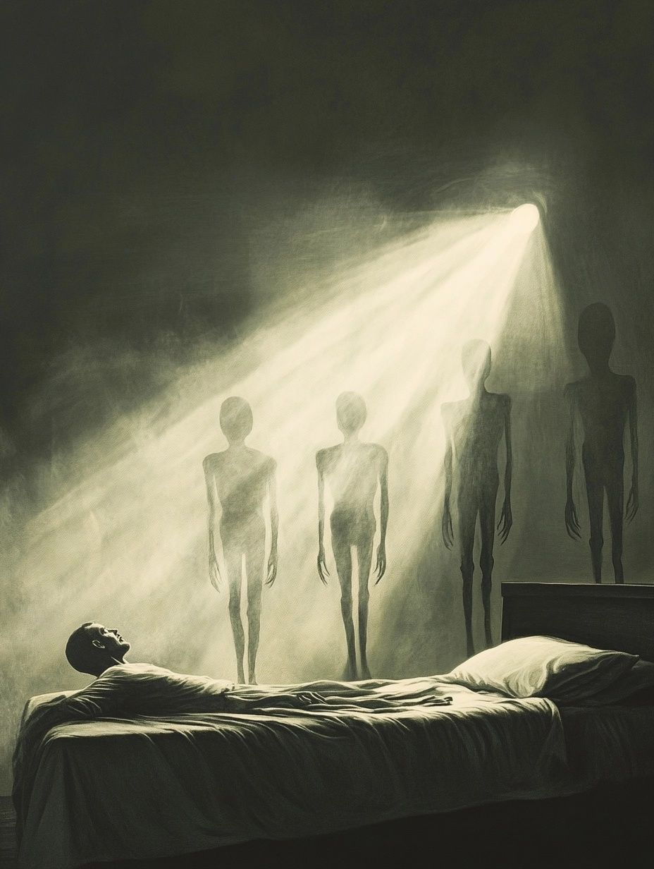 alien like figures stand higlighted by sunlight over a man on a bed