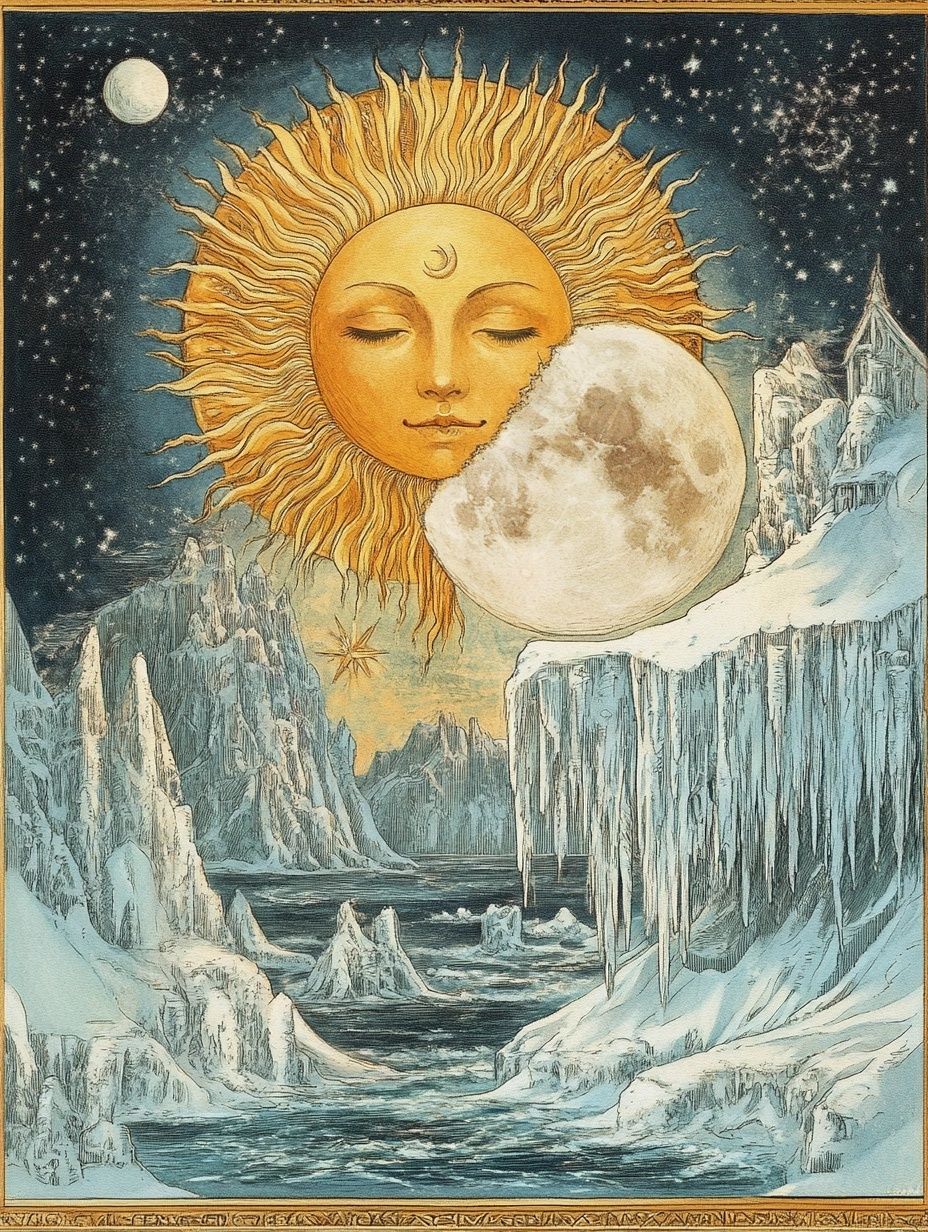 illustration sun and moon, arctic setting