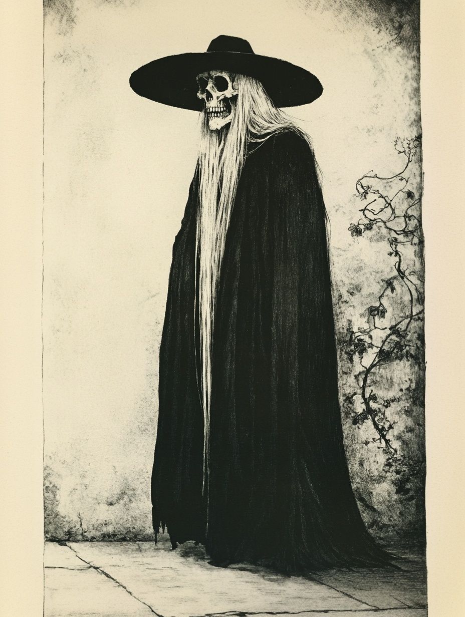 skeletal figure, long white hair, black wide brimmed hat