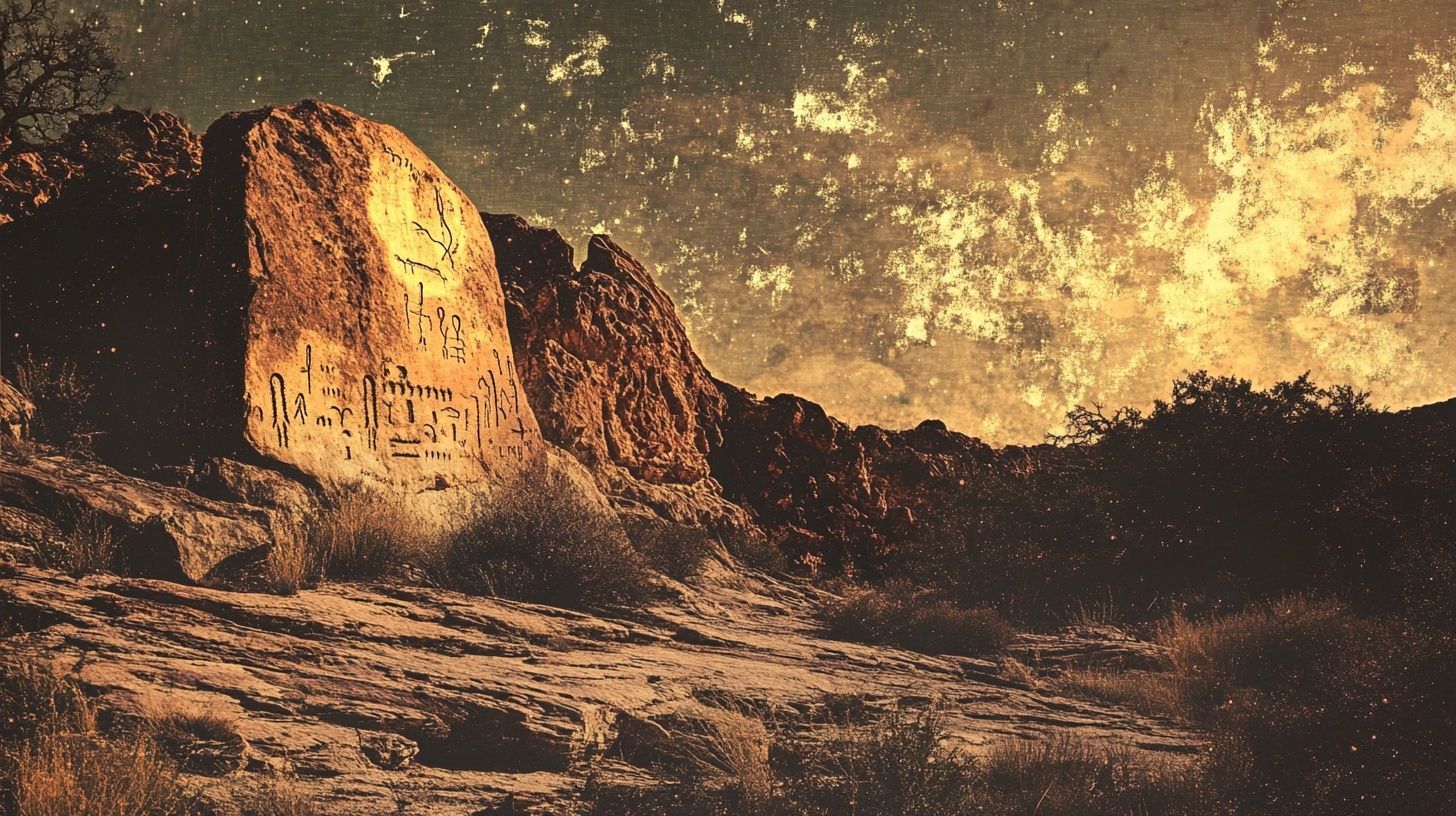 rocky desert landscape, petroglyphs, vintage style