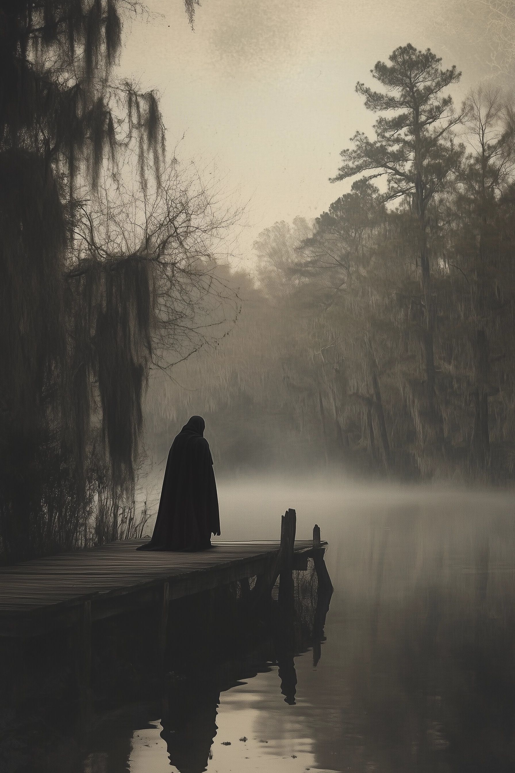 misty bayou at dusk, a cloaked figure standing on a rickety wooden dock, face obscured, still water, towering trees in the background, vampire of bayou goula louisiana folklore