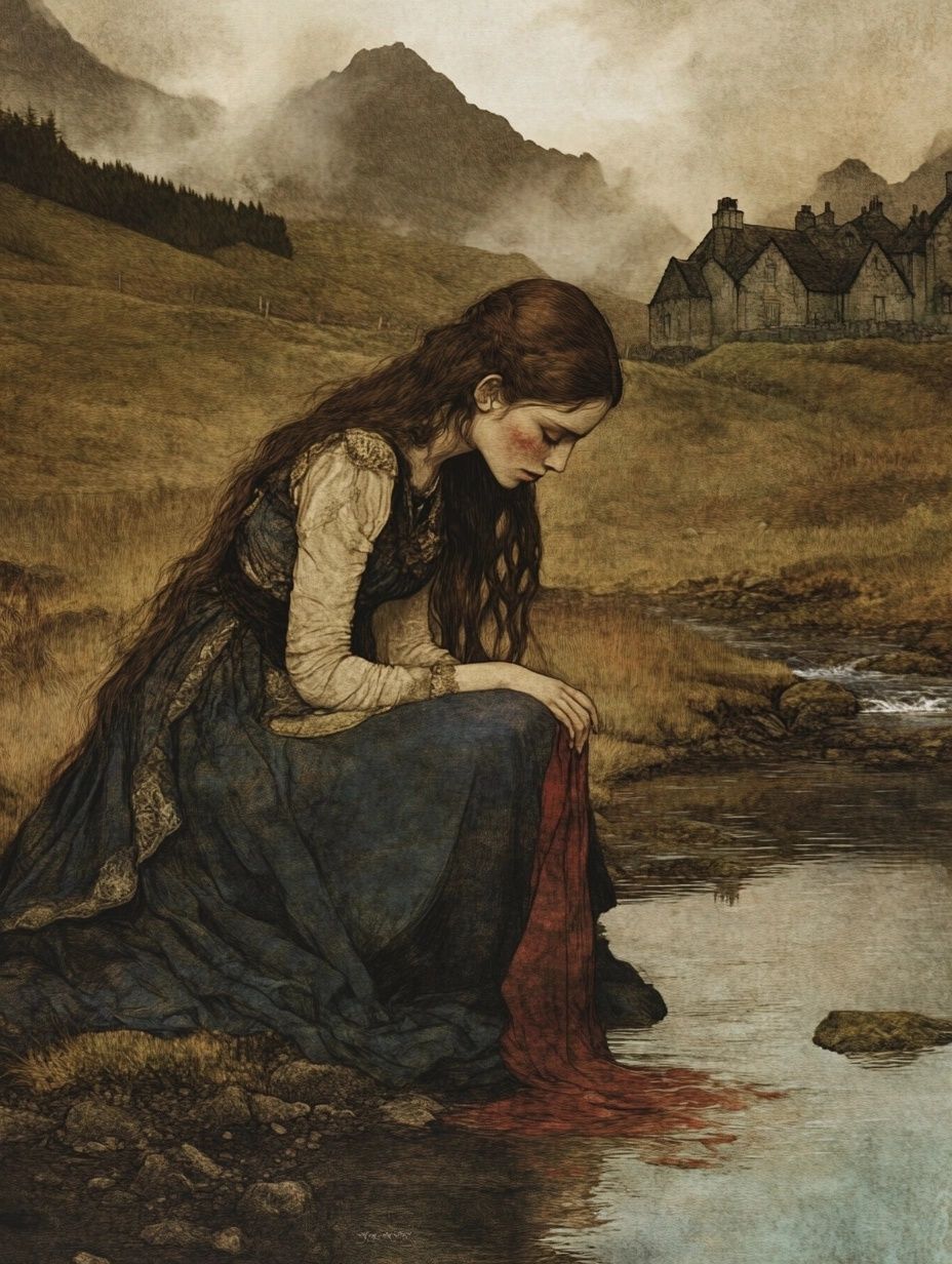 sad woman washes clothes in stream