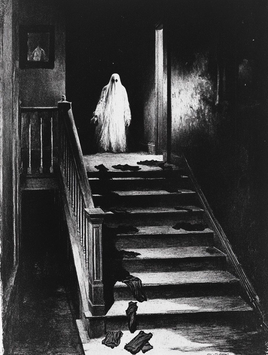 a figure dressed as a ghost stands at the top of the stairs, trousers and garments strewn around, black white vintage illustration