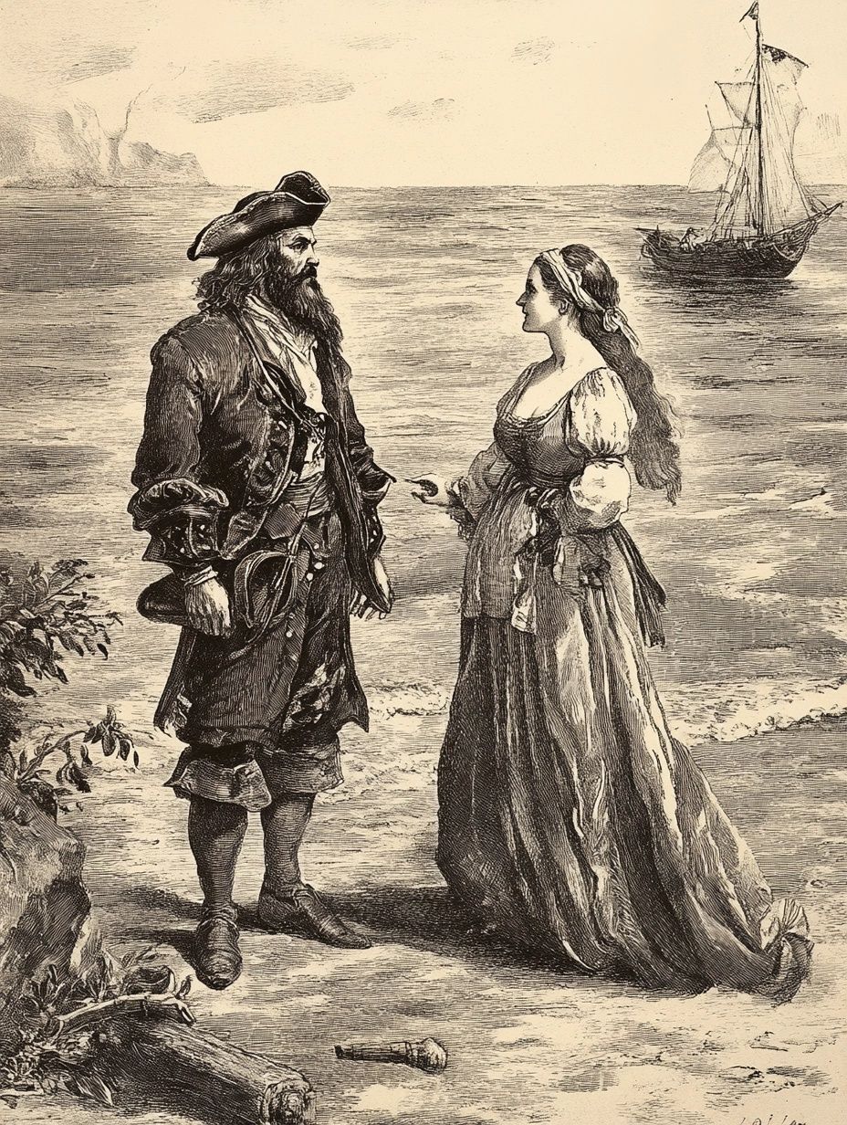 blakcbeard pirate and woman, standing on beach, vintage illustration