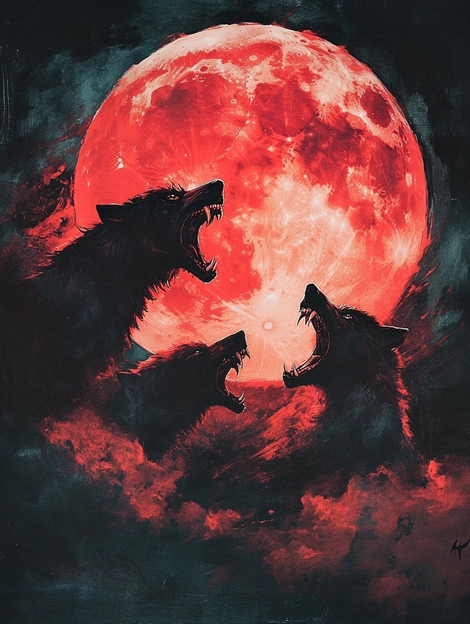 wolves howling in front of blood red moon