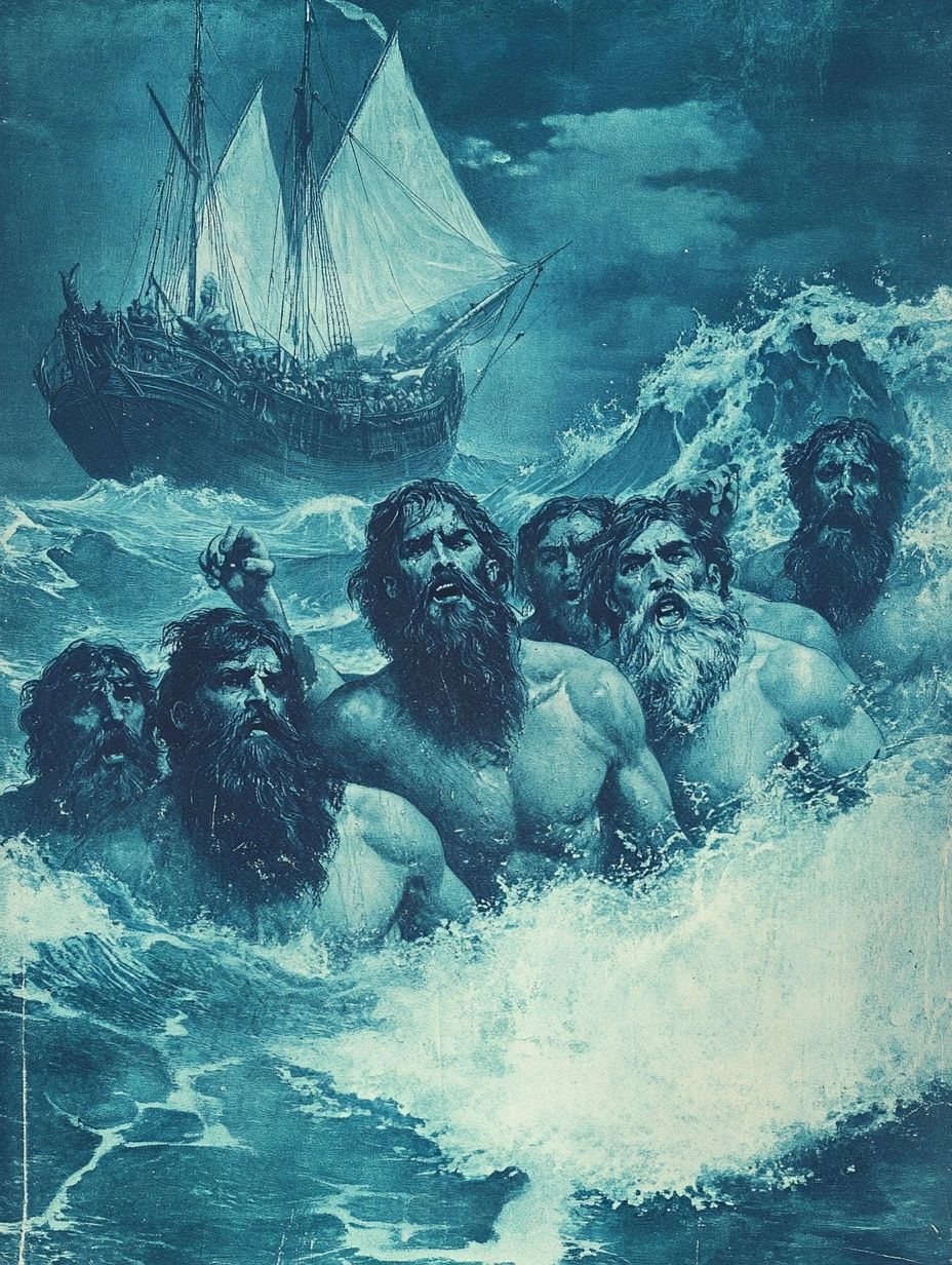 group of blue skinned men in rough sea, ship in background