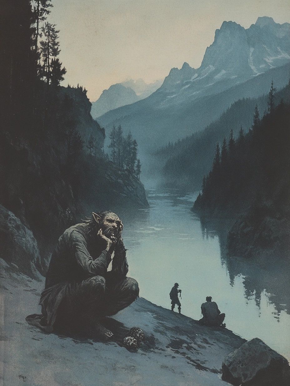 bogle creature by scottish river, forests either side
