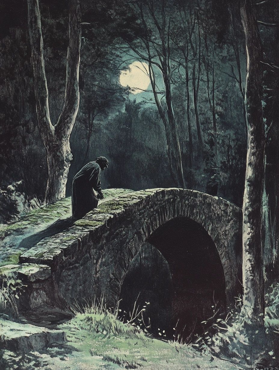 mysterious figure creeps over bridge, moonlight