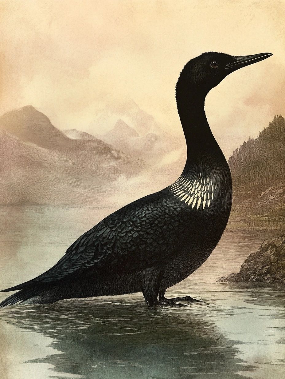 large black bird, white streaks, standing in scottish loch, boobrie
