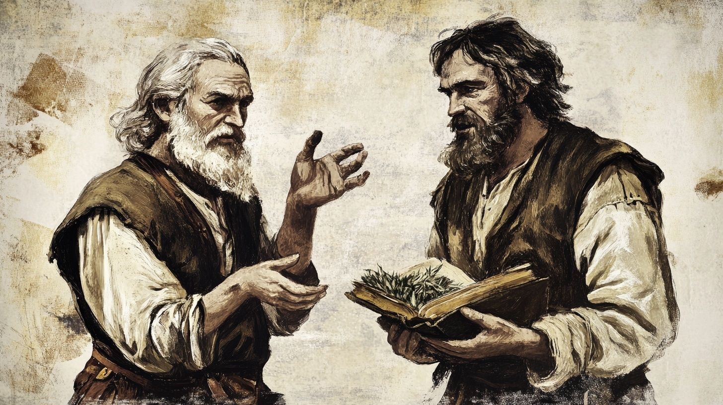 two men talk, one holds an open book with herbs
