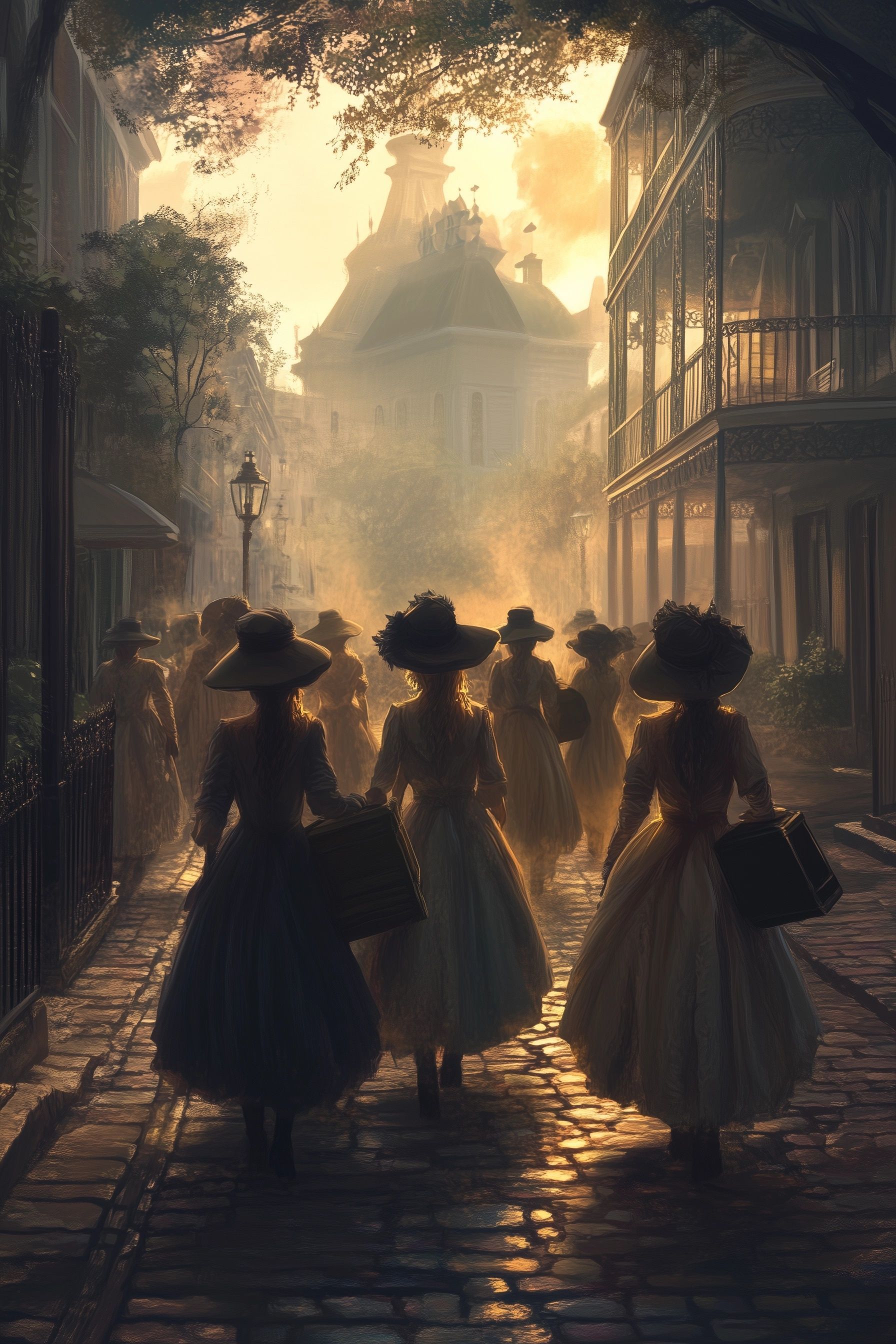 cobblestone street in historic New Orleans, a group of women in colonial-era dresses walking toward a grand building, They wear wide-brimmed hats, The street is bathed in soft, golden light, casket girls new orleans, louisiana folklore