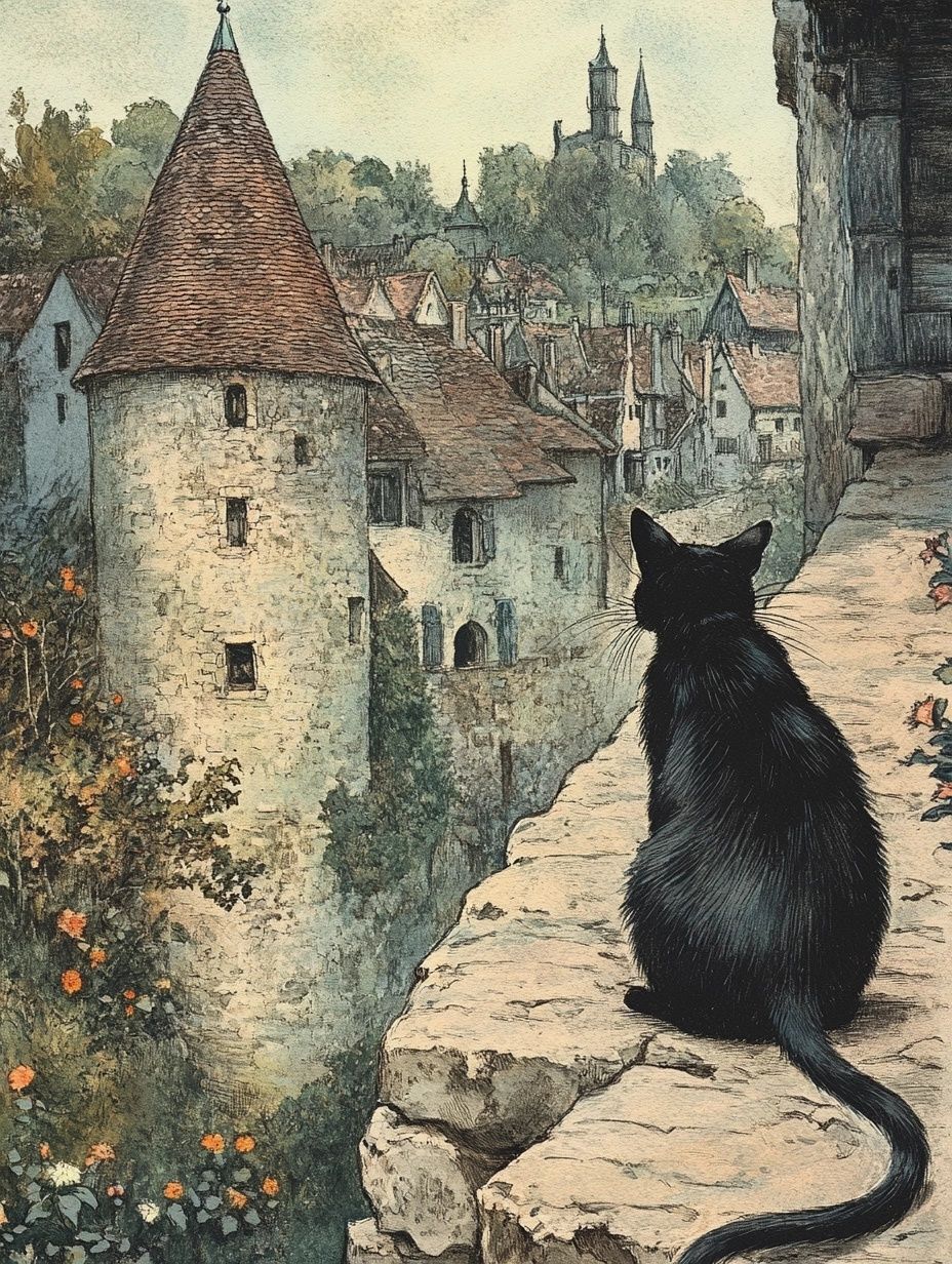 a black cat looks over stone buildings in middle age europe