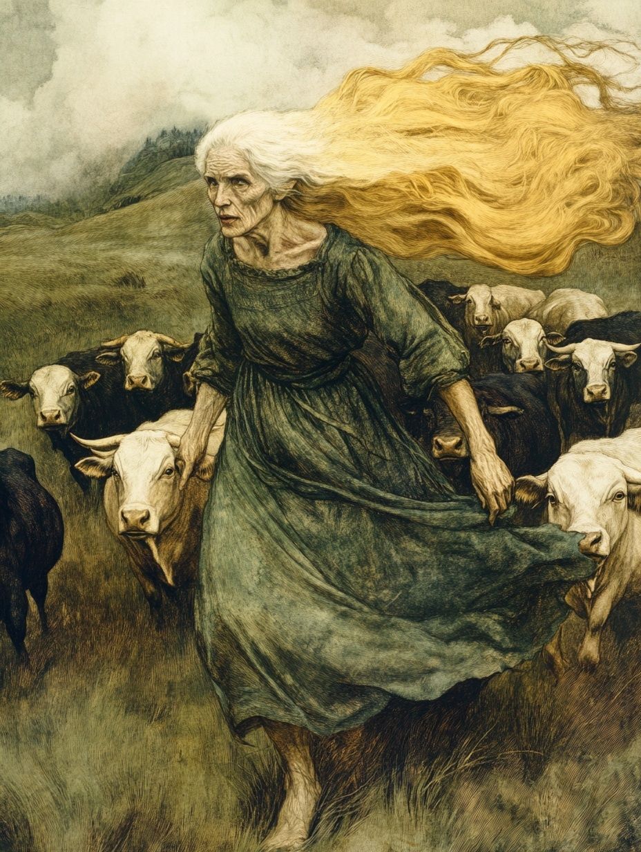 old woman long blonde hair green dress, herding cattle