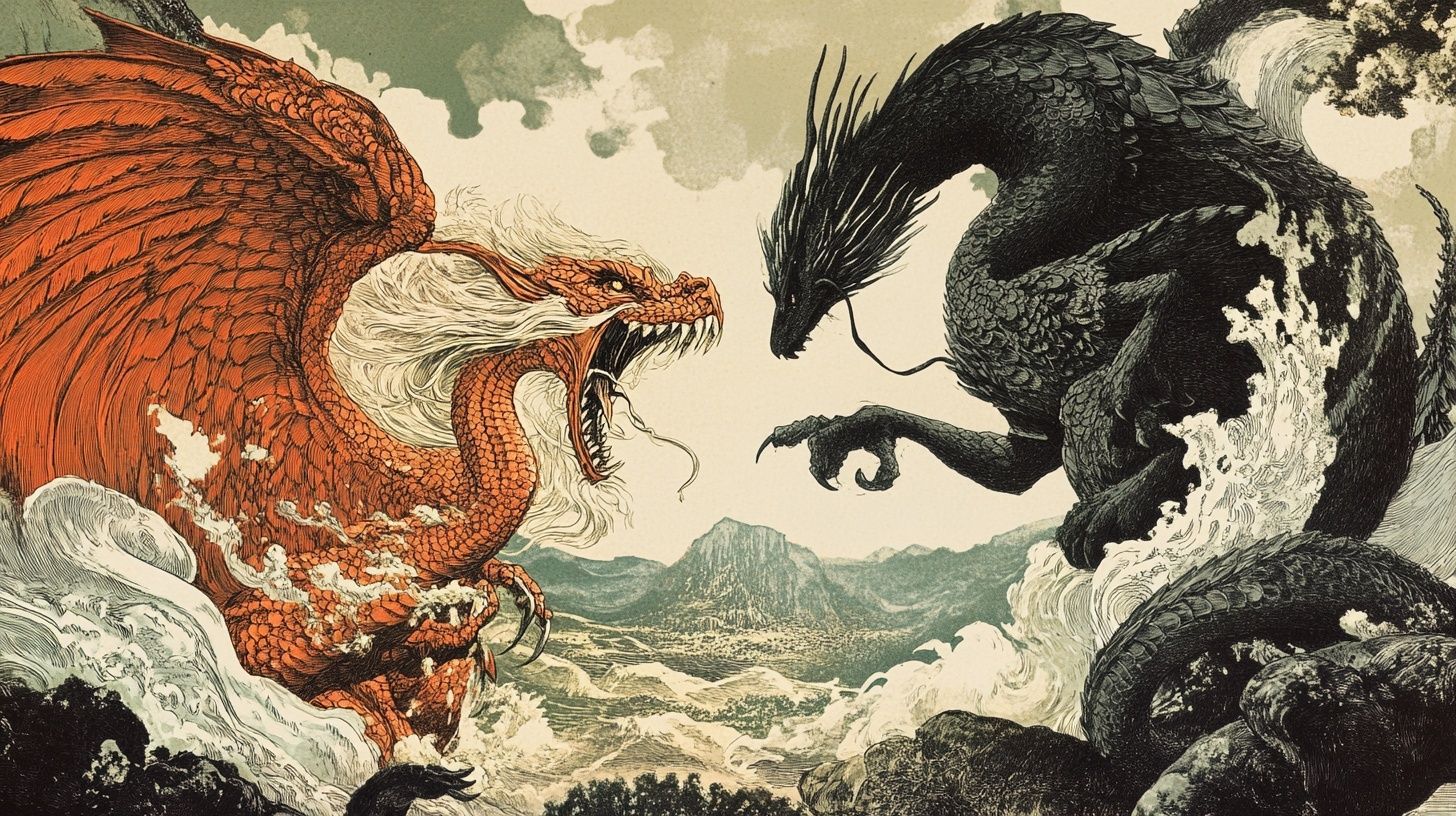 a red and black dragon face off