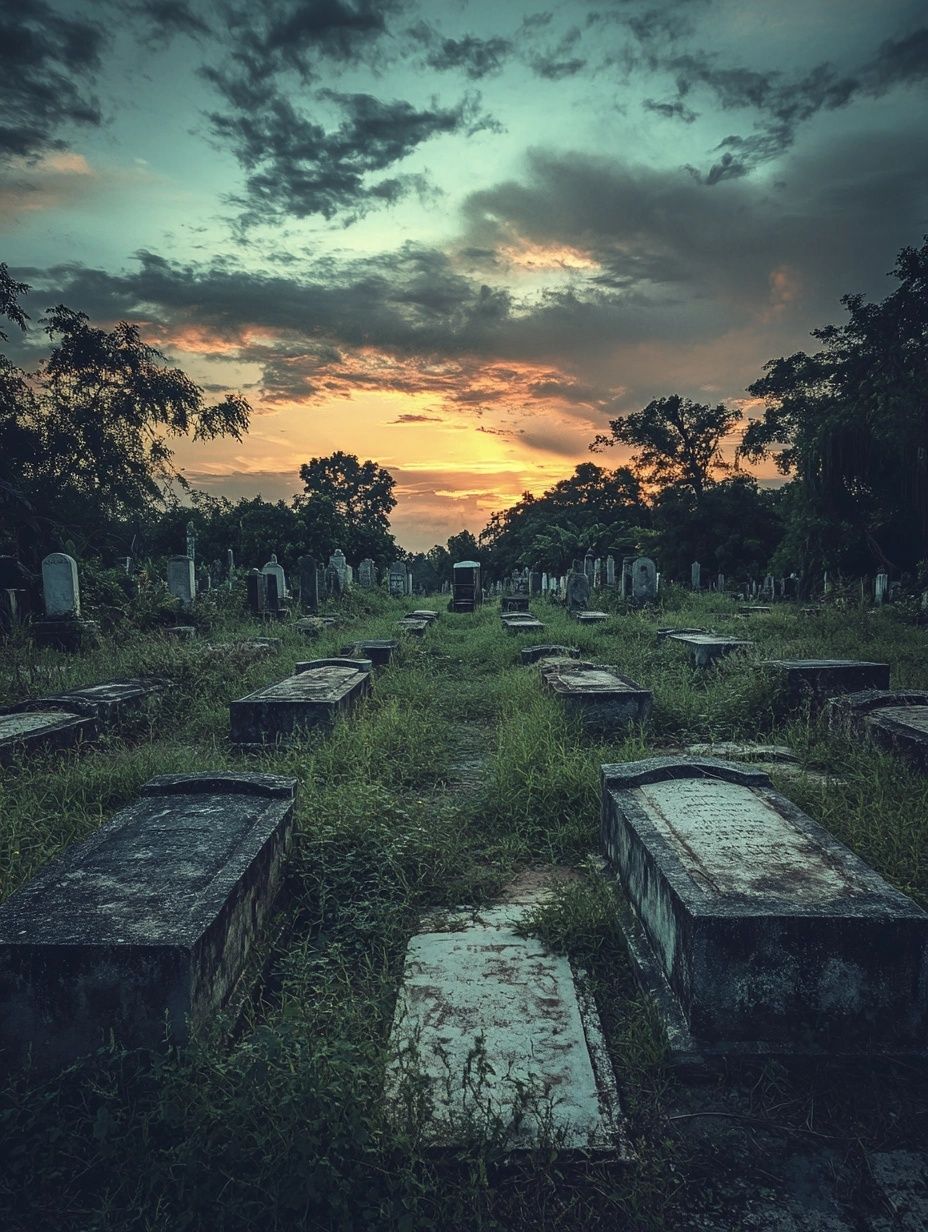 cemetery at dusk,  stone tombstones, overgrown grass, la carreta chillona folk tale