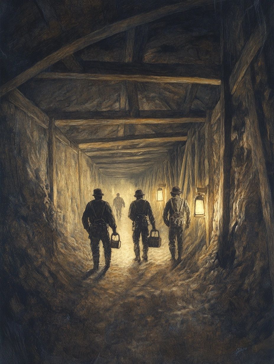 workers in a lamp lit mine