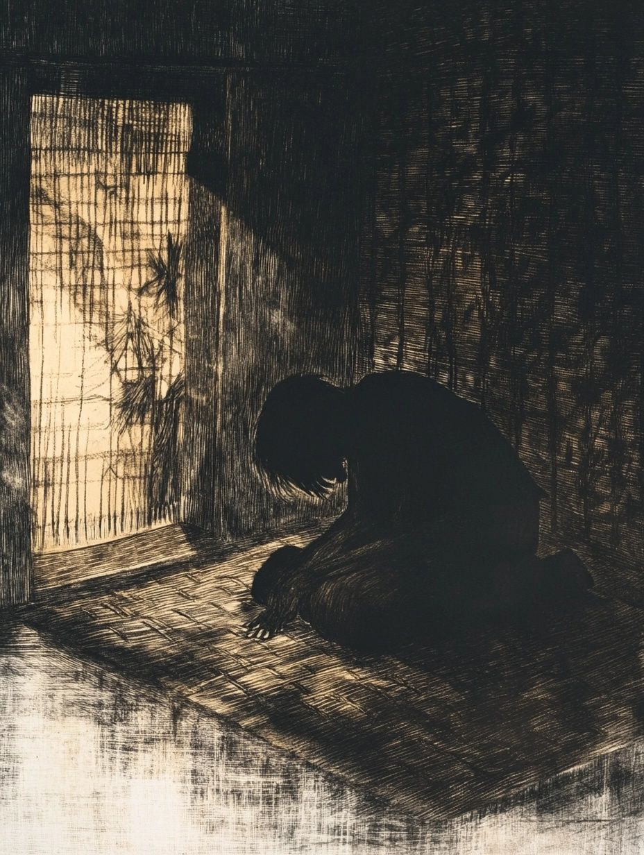 shadowy figure crouching in the dark, dab tsog hmong demon