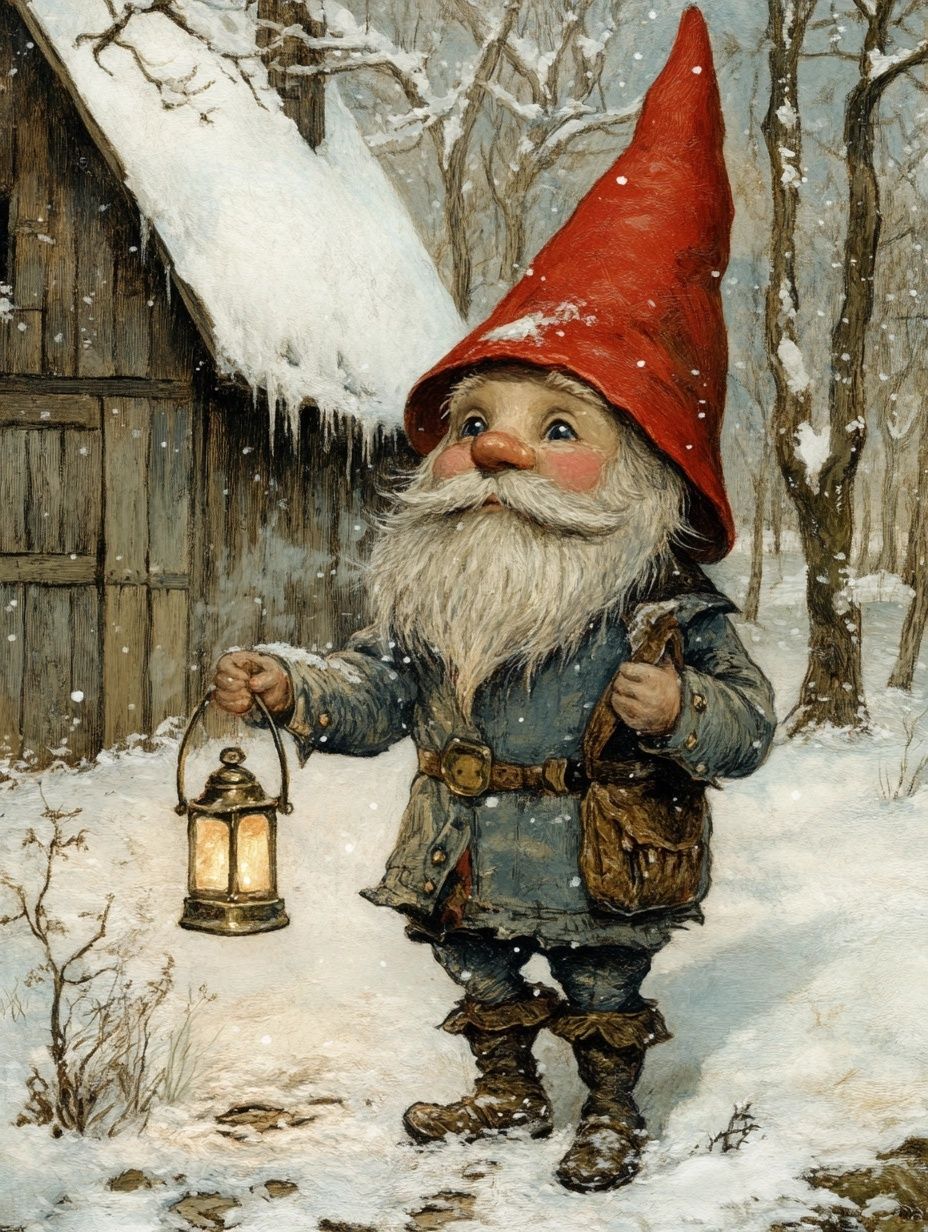 small bearded man pointed red hat snowy house