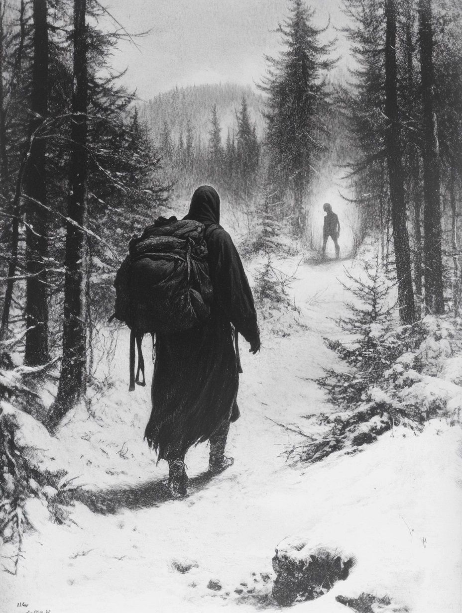 a lone figure wanders a snowy mountain path, a shadowy figure stands in the distance