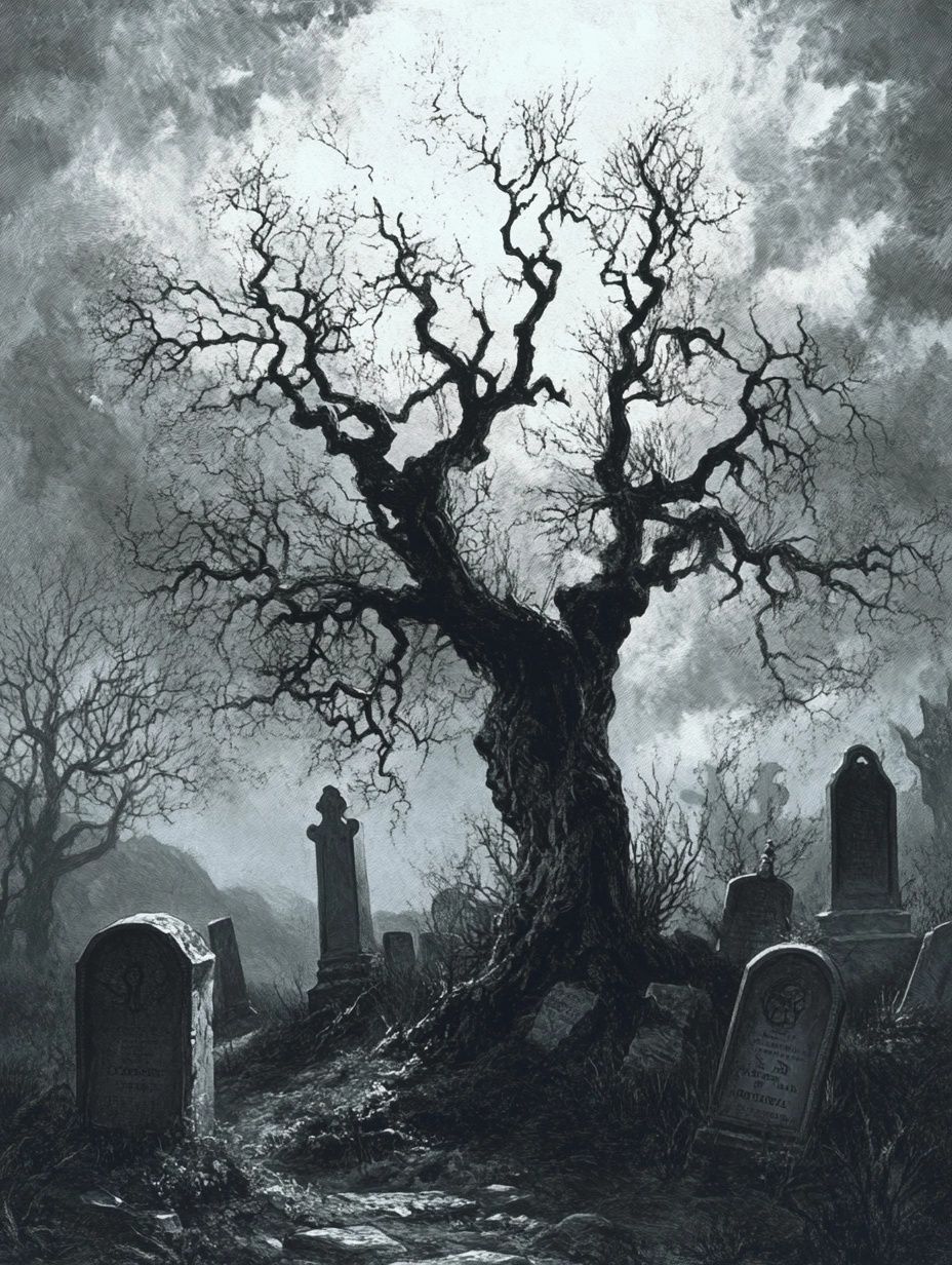gnarled old tree in cemetery, no leaves, dark night, 