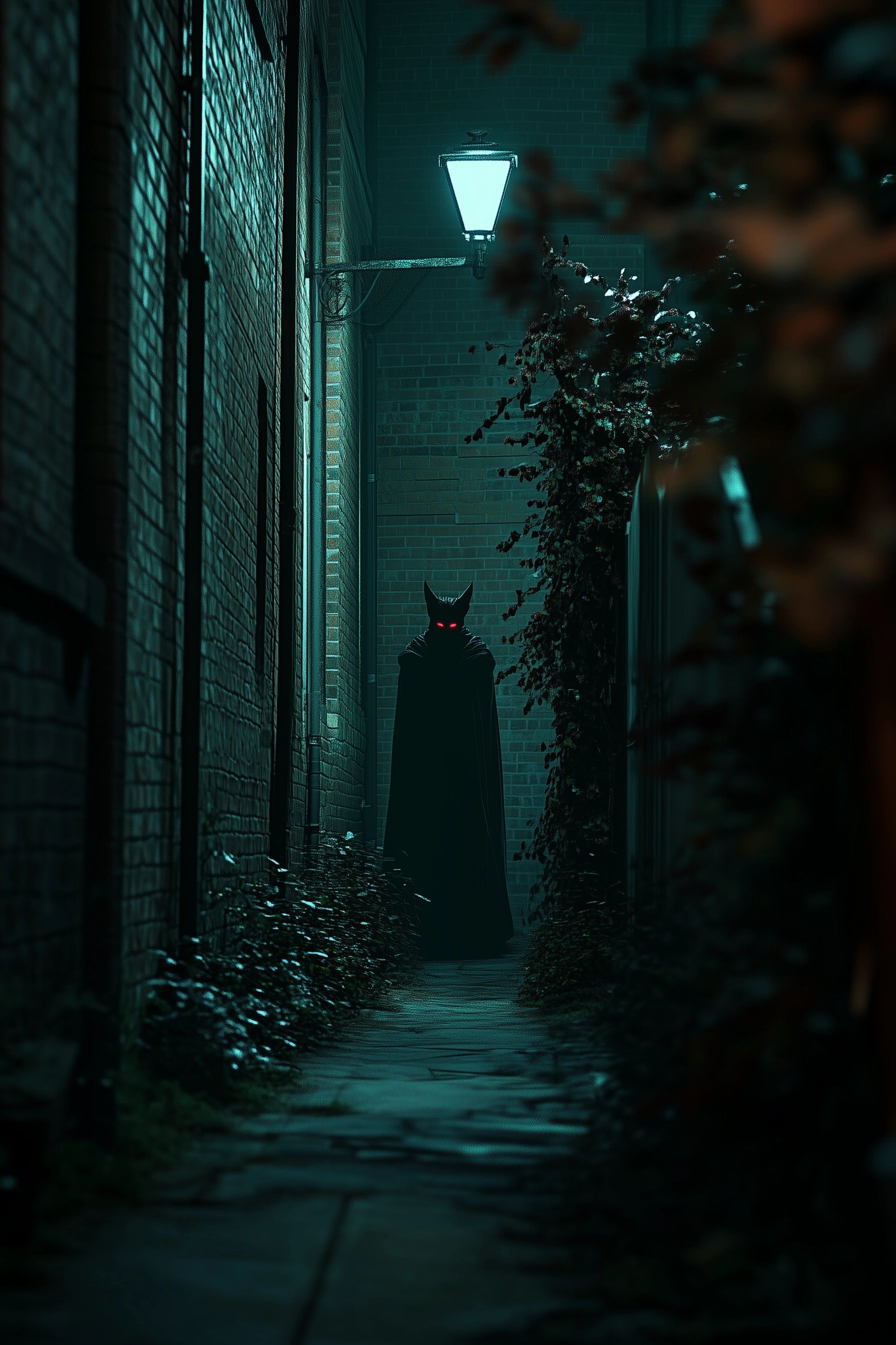 dimly lit alley, quiet neighborhood, tall, shadowy figure standing at the end of the street, pointed ears, glowing red eyes, long cape, devil man algiers louisiana folklore
