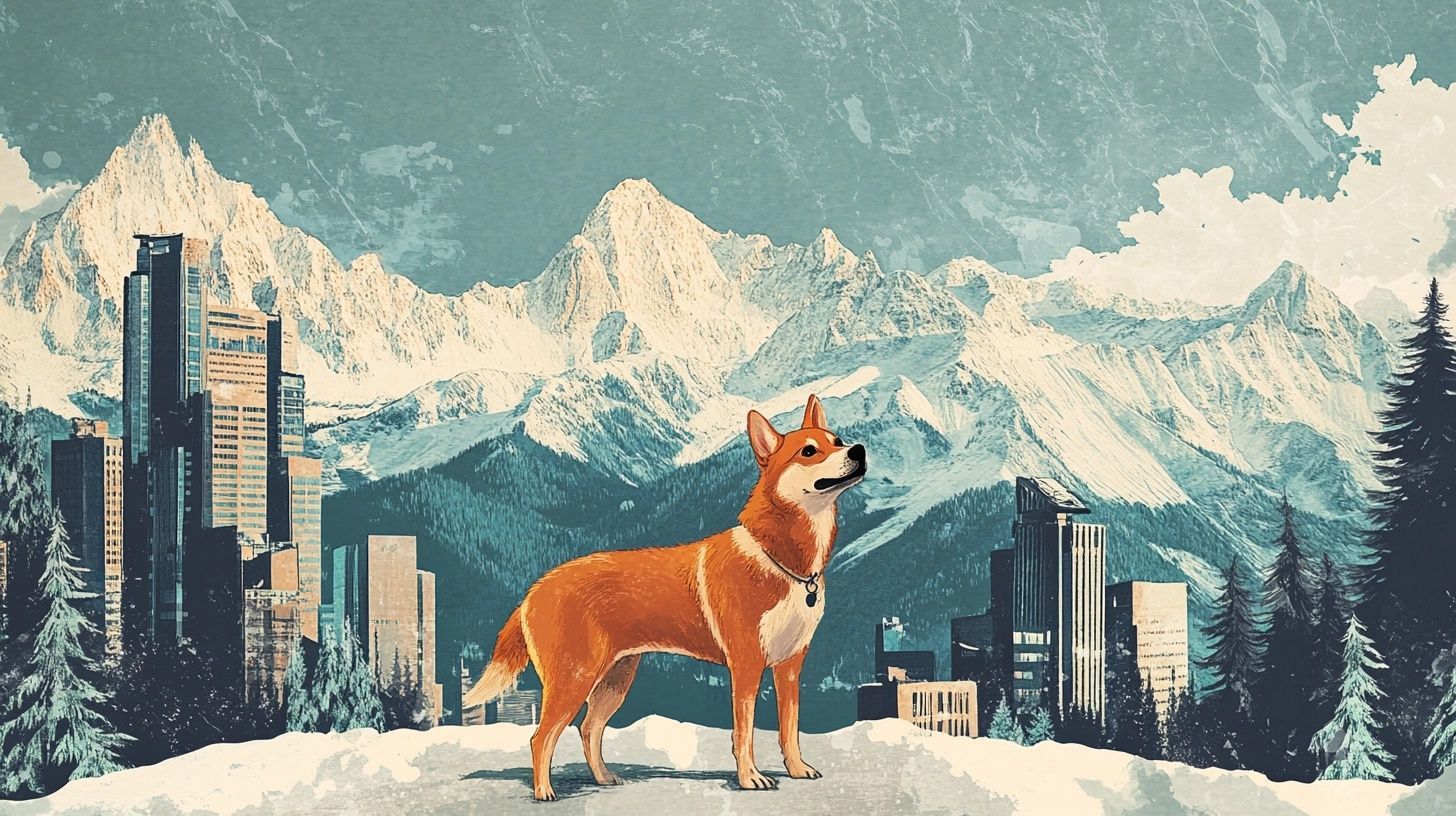 red dog in front of snowy mountainscape