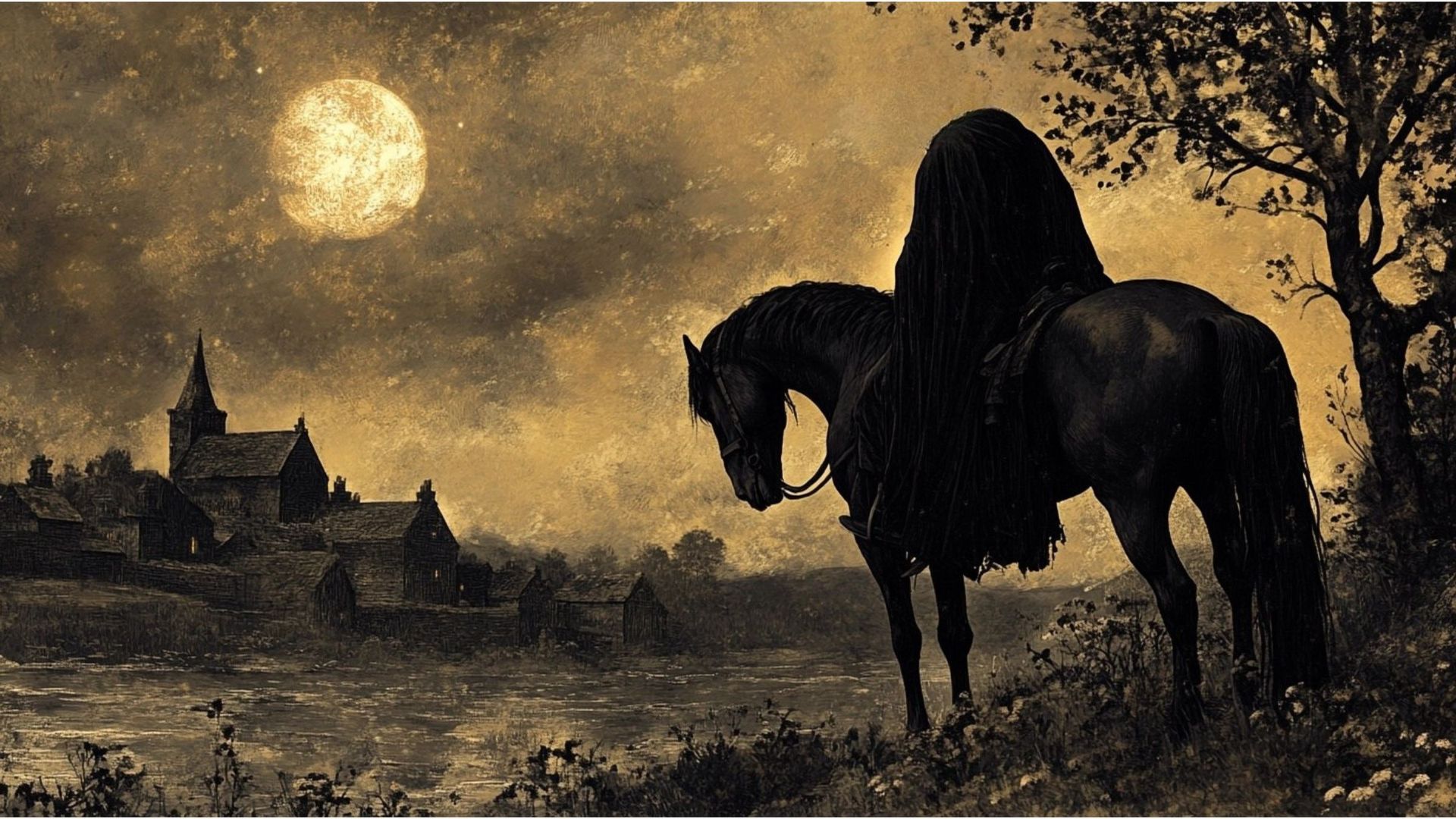 headless figure on horse moonlit night