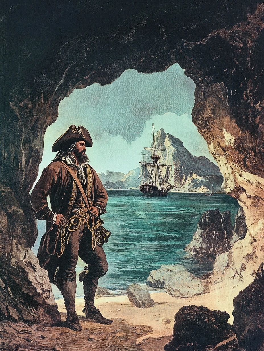pirate standing in cave entracnce, pirate ship in distance