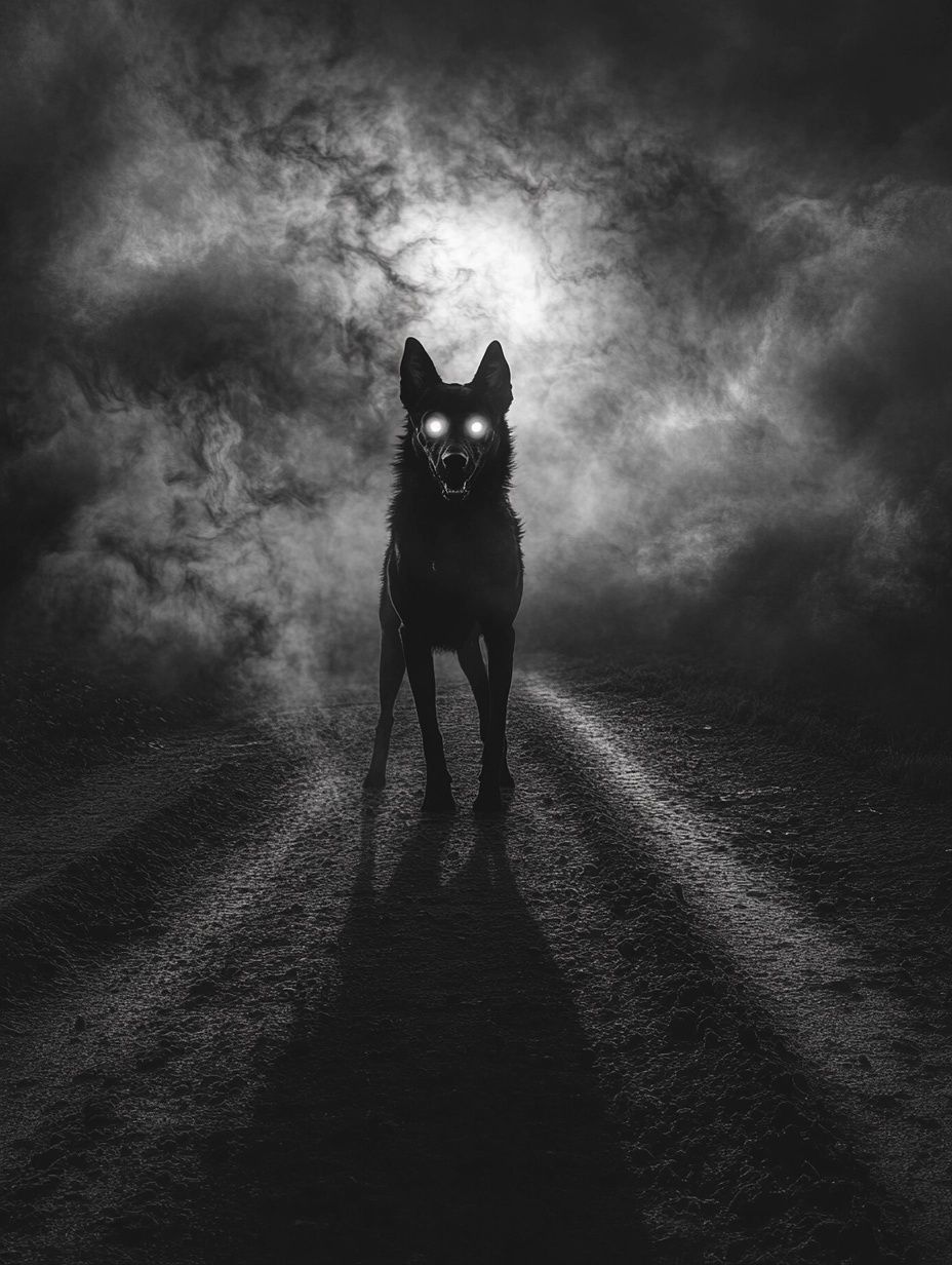 black dog, moonlight, misty night, el cadejo