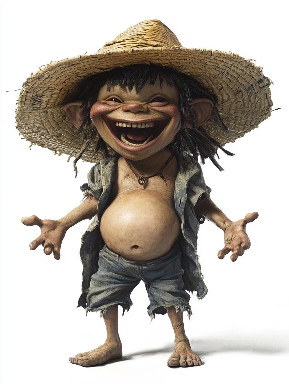 caricature, small man, pot belly, oversized hands and feet, straw hat, el cipitio el salvador