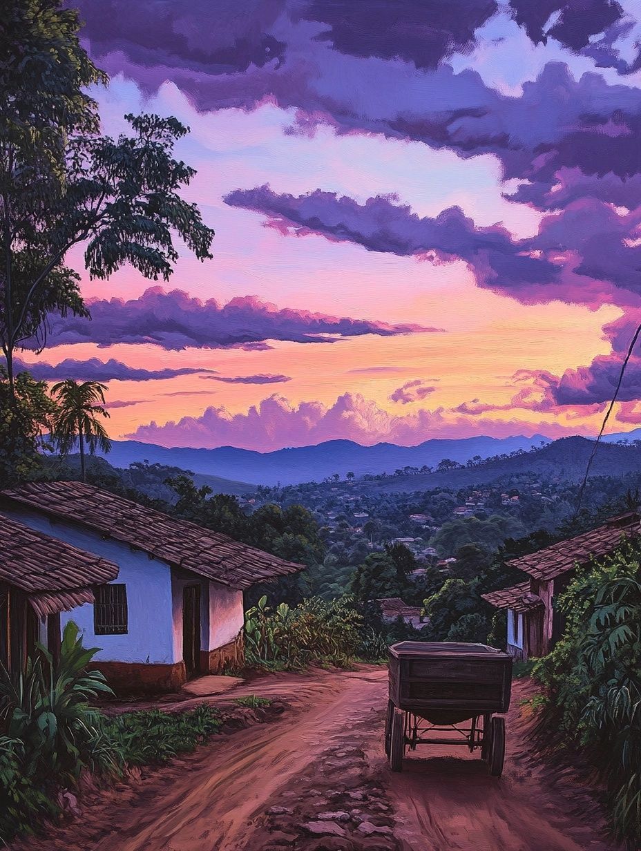 el salvador village at dusk, pink purple sky, white house, green forests, la carreta chillona
