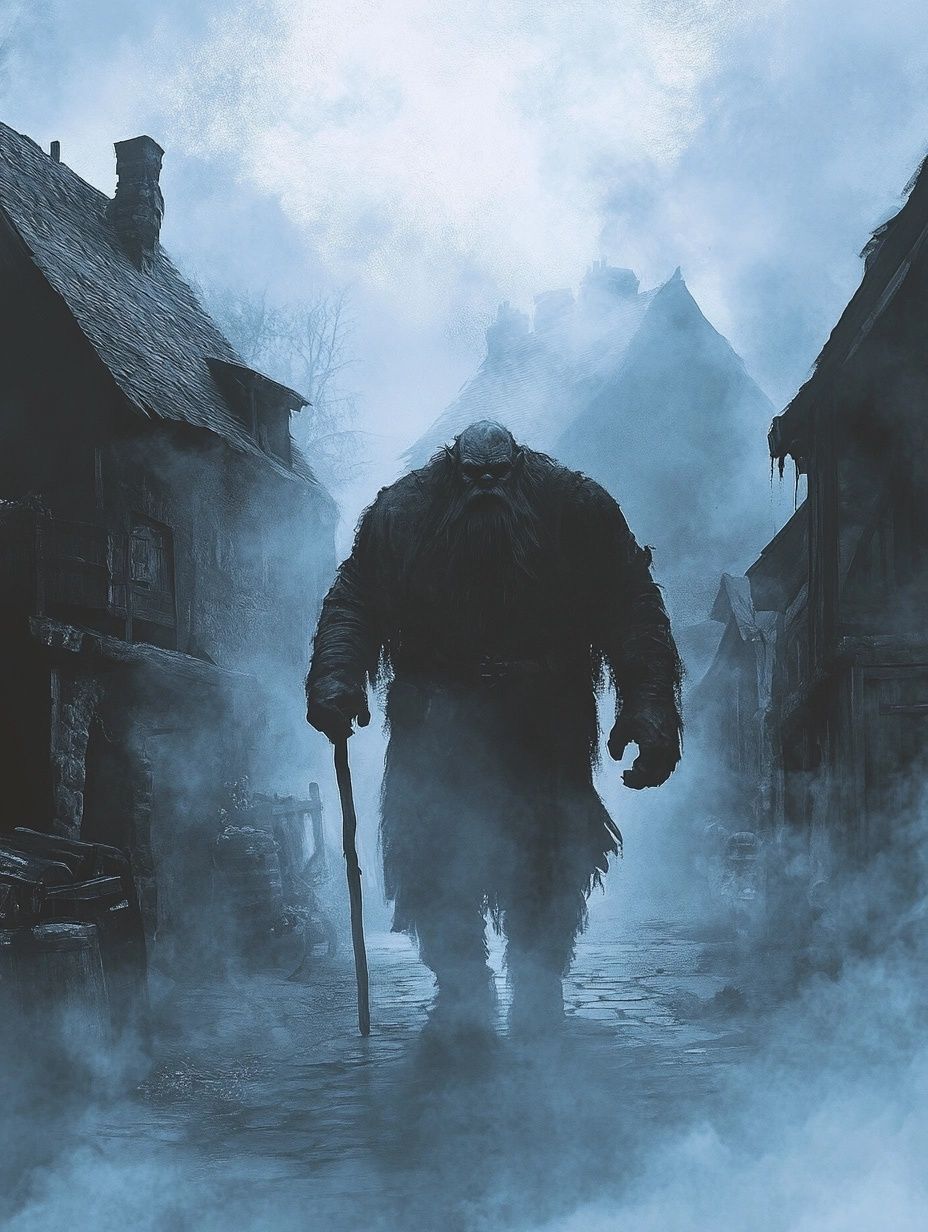 bearded giant, ragged clothes, cane, misty street