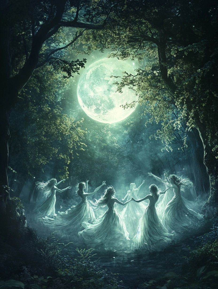 ethereal women dancing under the moon