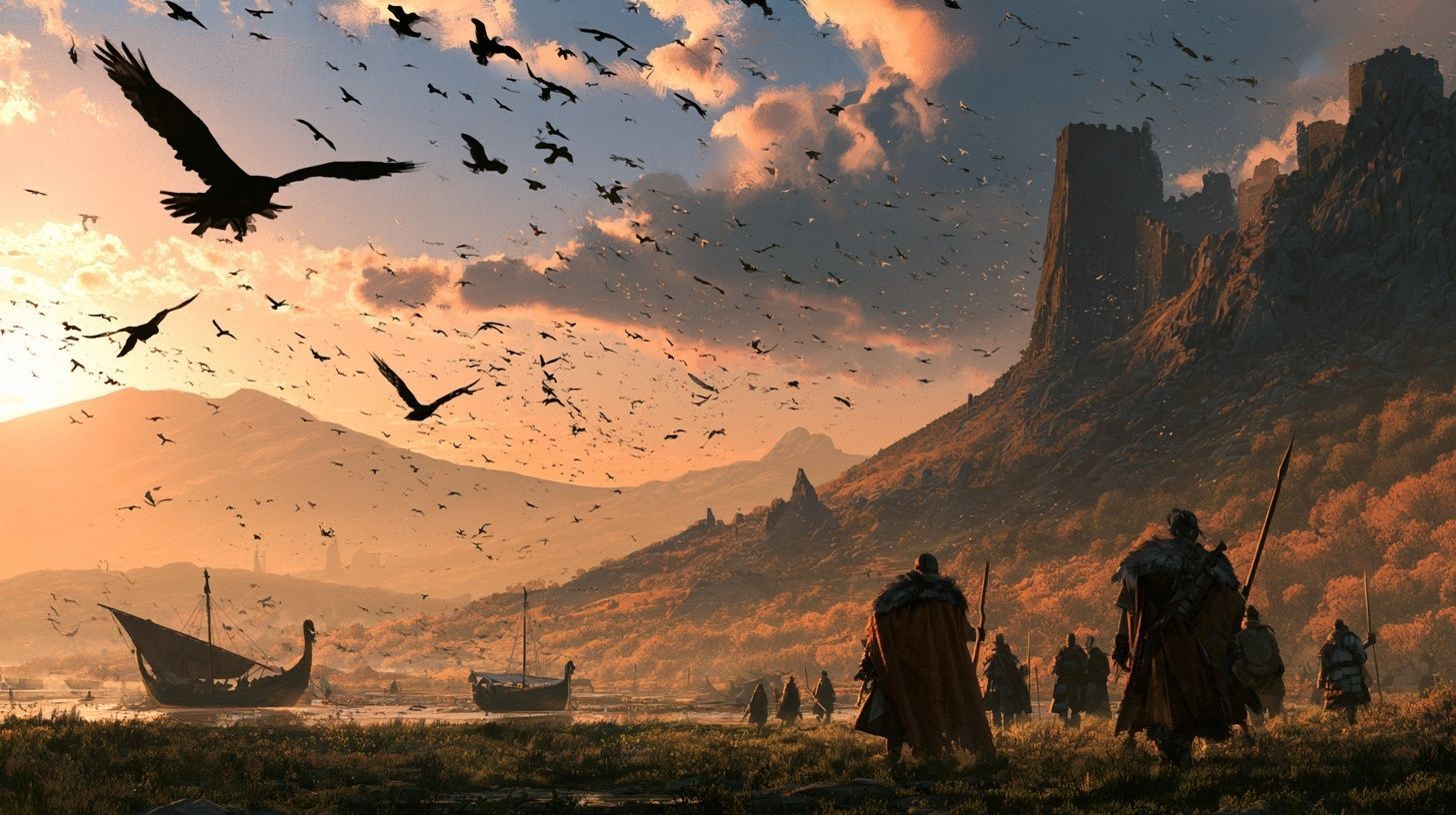 warriors watch the sunrise over a grand landscape filled with birds and ships