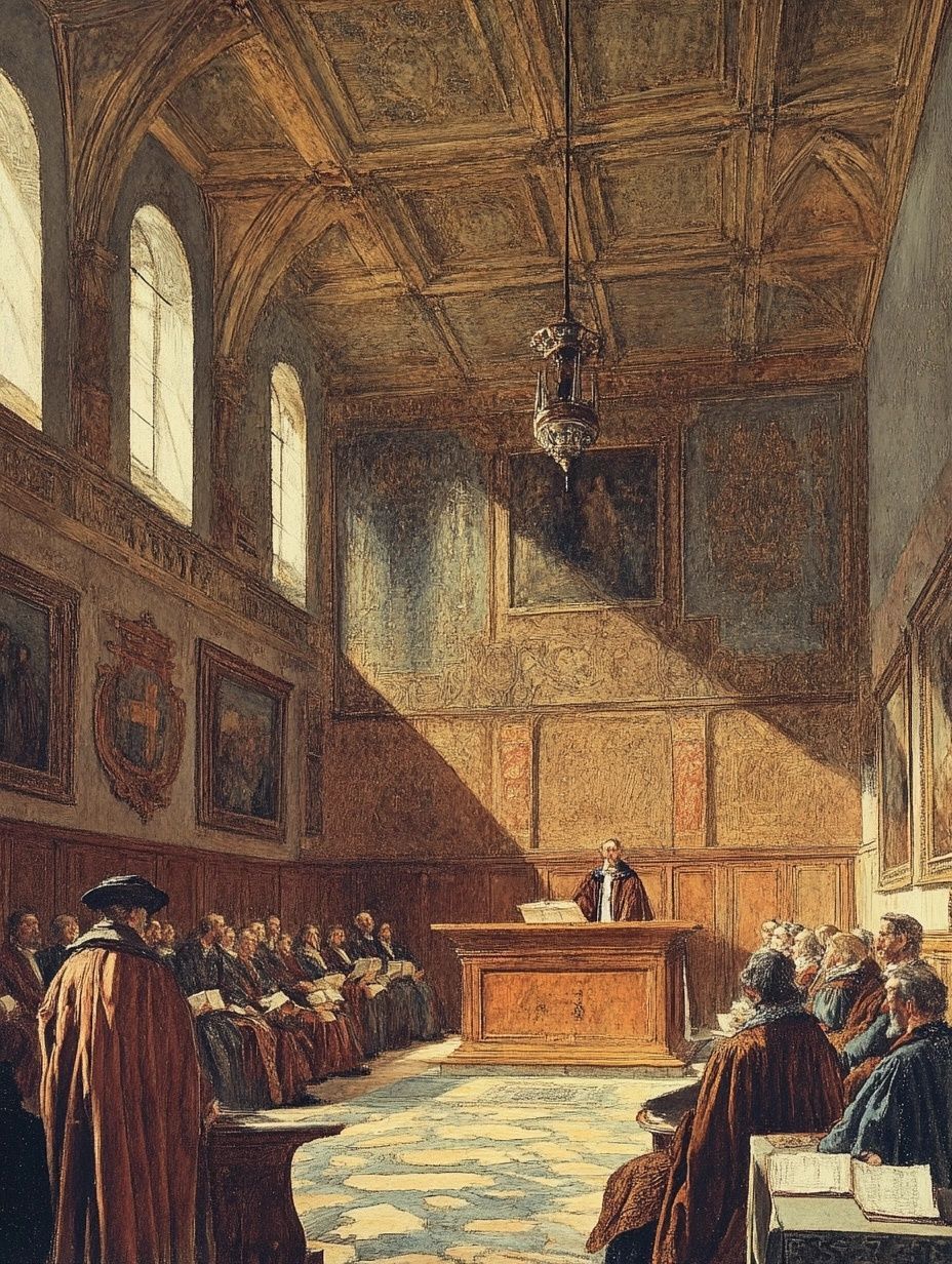 a grand european coutroom from the middle ages, intricate carvings in ceiling and walls,men sit around in robes