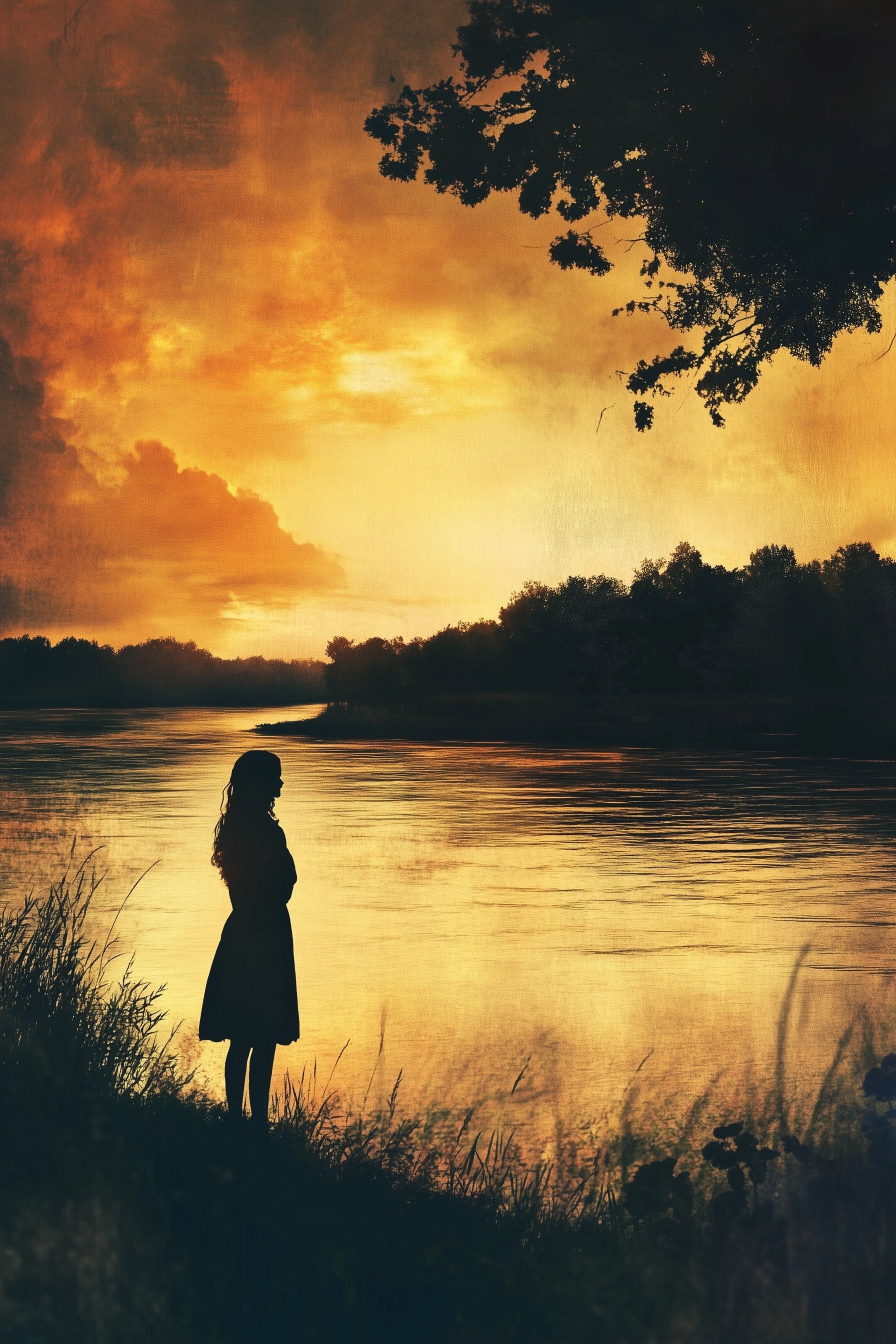 A woman standing on the banks of a wide river at sunset, gazing off into the distance, Her figure is silhouetted against the warm, glowing sky, distant outlines of trees and water, evangeline louisiana folklore